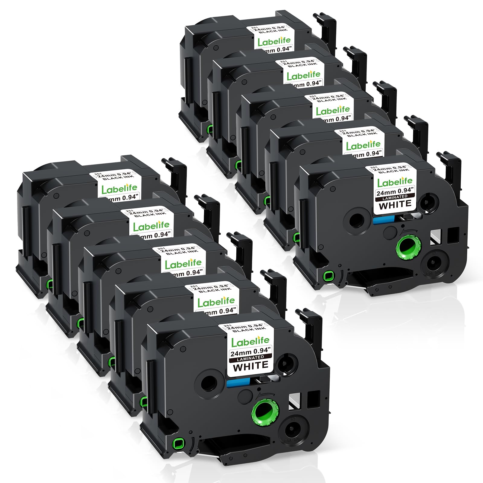 Labelife 10 Stück Ersatz für Brother TZe-251 TZe251 TZe TZ Tape 24 mm 0,94 laminiert weiß P Touch Etikettenmacher Tape 2,5 cm, kompatibel mit Brother PT-D600 PT-D610BT PT-P710BT PT-P700 PT-P910BT