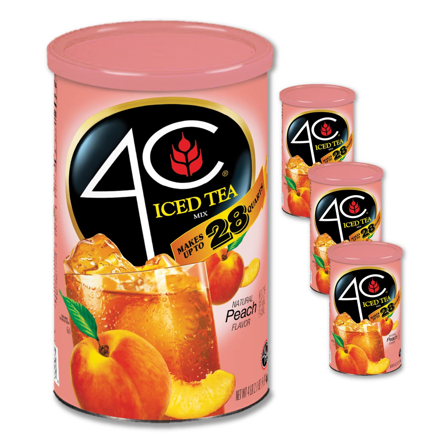 4C Powdered Drink Mix Cannisters, Peach Tea 3 Pack, 28 Quarts, Family Sized Cannister, Thirst Quenching & Refreshing Flavors