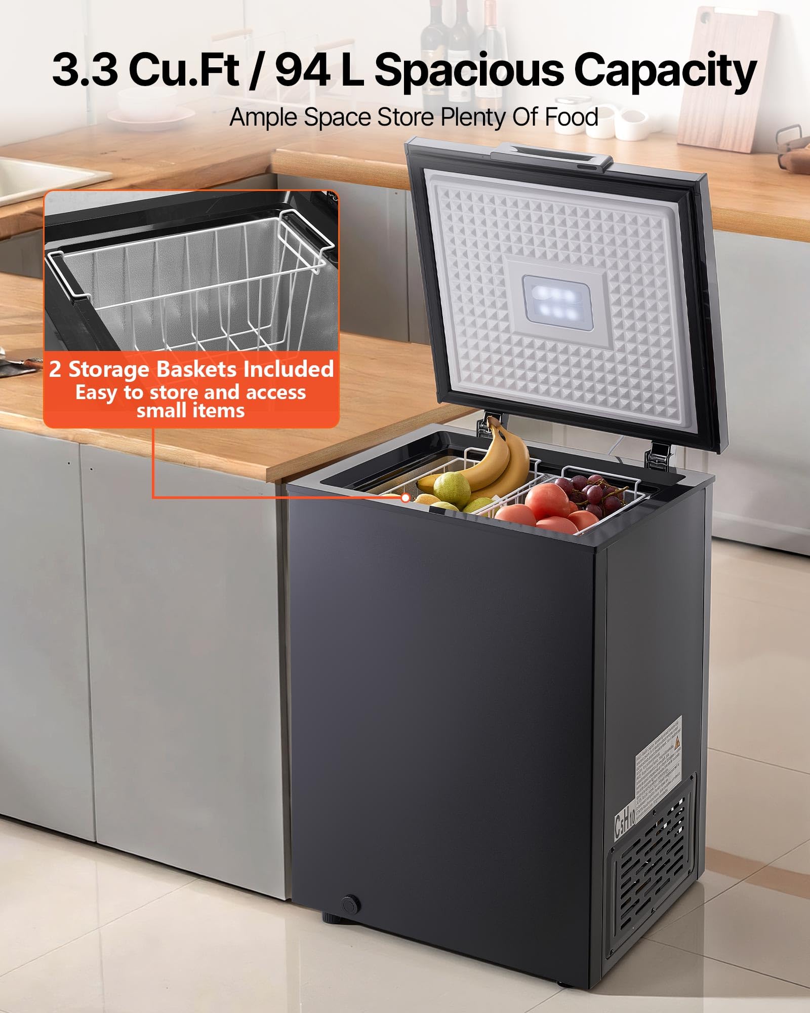 VEVOR Chest Freezer, 2.22 Cu.Ft / 63 L Compact Deep Freezer, Free Standing Top Open Door Chest Freezers With 2 Removable Baskets & Adjustable Thermostat, Energy Saving & Low Noise, Black on Fridge.com - View 3