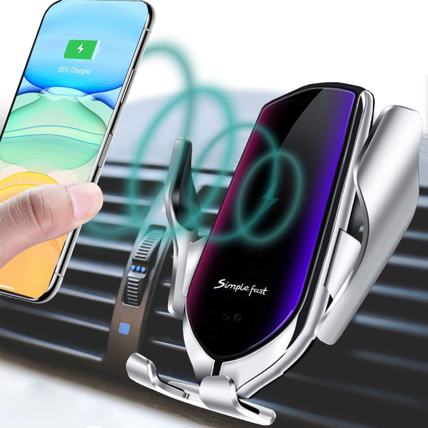 LUKKAHH Wireless Car Charger Mount,Auto-Clamping Air Vent Phone Holder,10W Qi Fast Car Charging,Compatible iPhone 13/12Pro/11 Pro Max/XS/XS Max/X/8/8+, Samsung Note20/S20 Ultra/S9+/S10+（Silver）