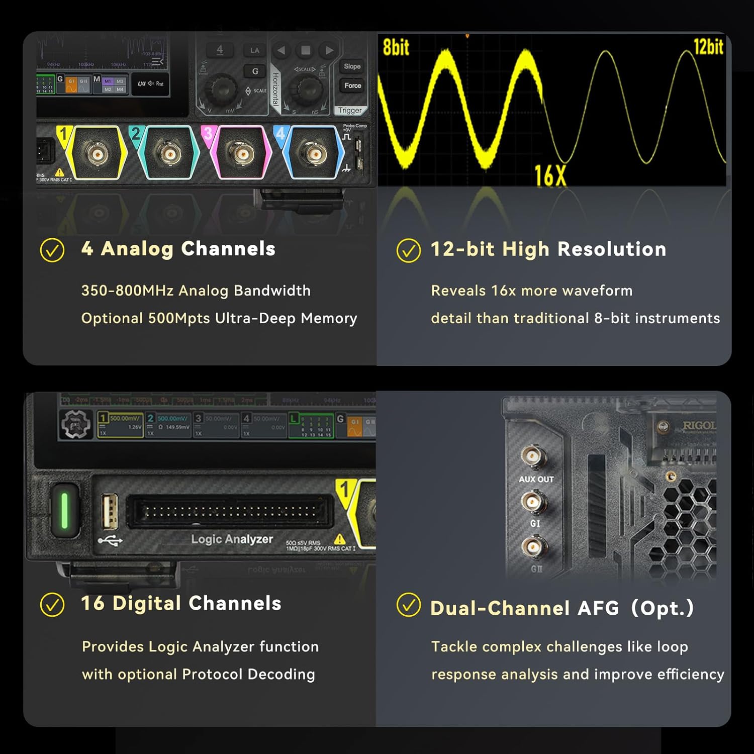 RIGOL MHO934 Digital Oscilloscope,350MHz,4GSa/s,12-bit,4+16 Ch,Wi-Fi & Bluetooth,Type-C Power,Optional AFG,Ultra-Portable