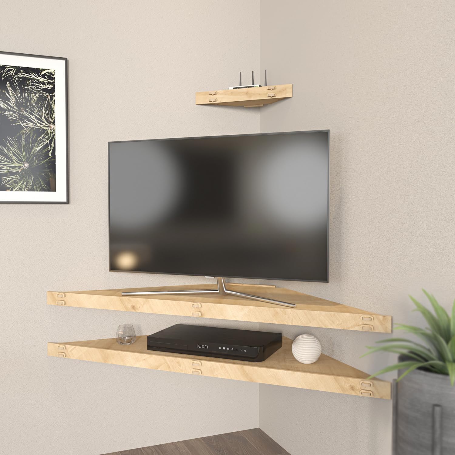 Decorotika Mensi 47 inches Wide Wall Mounted Floating Corner TV Stand with Floating Shelves, Space-Saving Corner Media Console Shelf for TVs, Cable Box & Gaming Consoles
