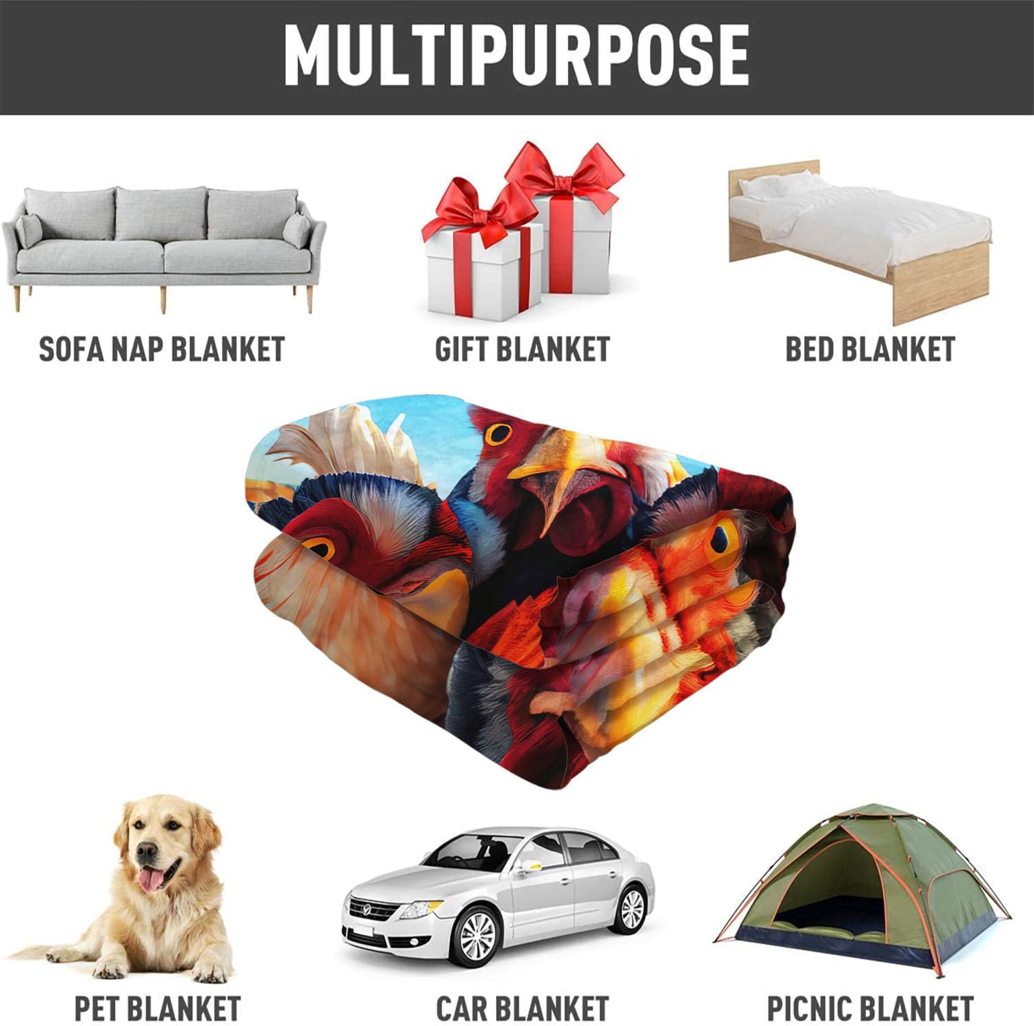Roosters Blanket Animals Selfie Funny Chicken Fleece Blanket Soft Fuzzy Plush Throw Blankets for Couch Bed 50"x60"