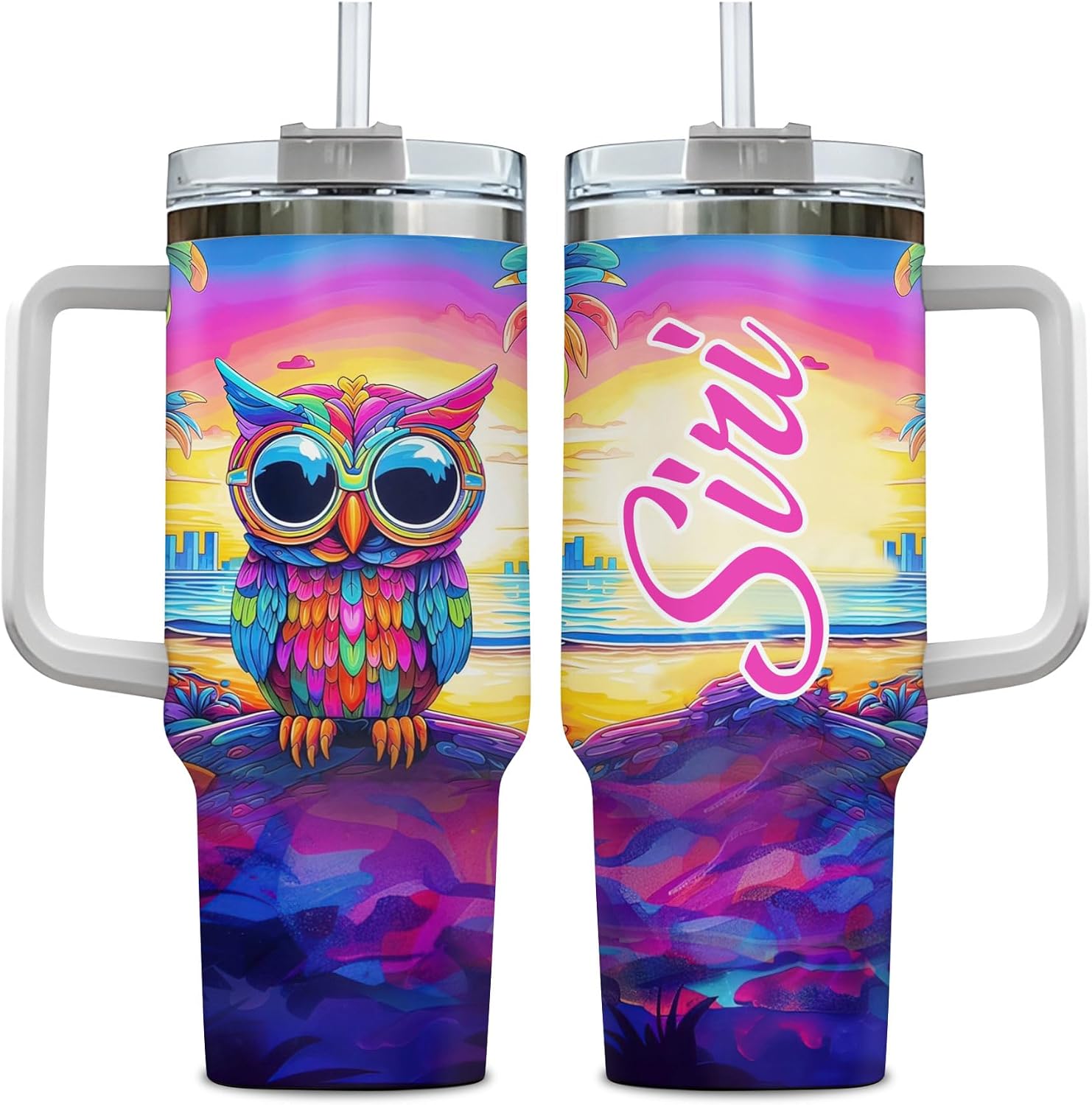 Hyturtle Personalized Gift For Owl Lovers - Custom Name Tumbler 40oz With Handle And Straw, Stainless Steel Travel Coffee Cup With Lid - Cute Animal Lover Gift For Women, Girls On Birthday Christmas