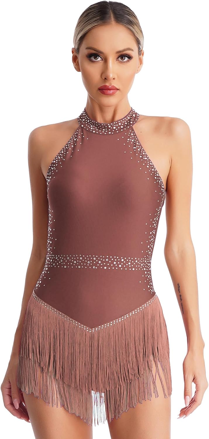 iEFiEL Womens Latin Dance Leotard Shiny Halter Sleeveless Backless Fringe Bodysuit Ballroom Tango Dance Costume