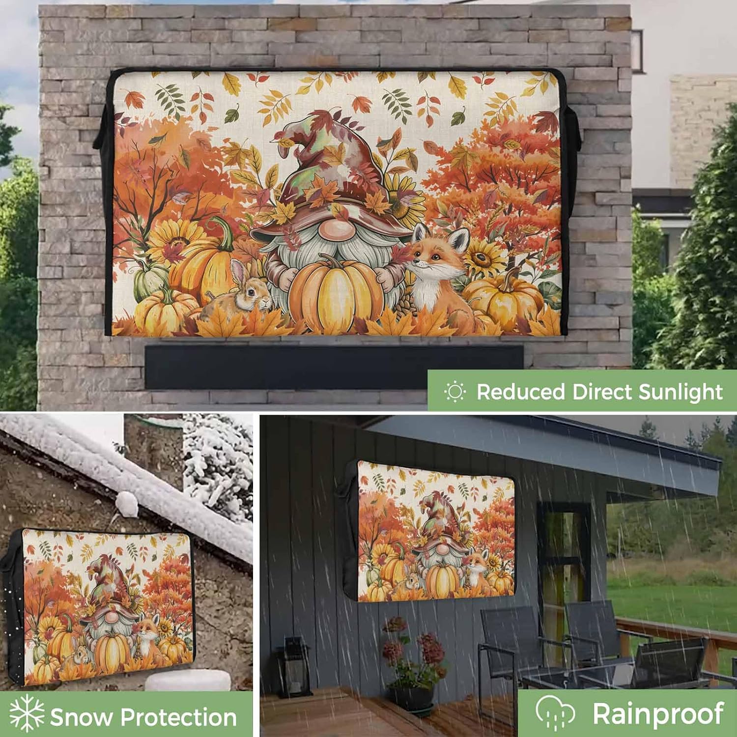 Thanksgiving Outdoor TV Cover Gnome Pumpkin Fox Fall Plant Linen Waterproof and Weatherproof 48"-50" LCD Movable Shield TV Display Screen Protector Outside Television Covers 48"Wx30"H