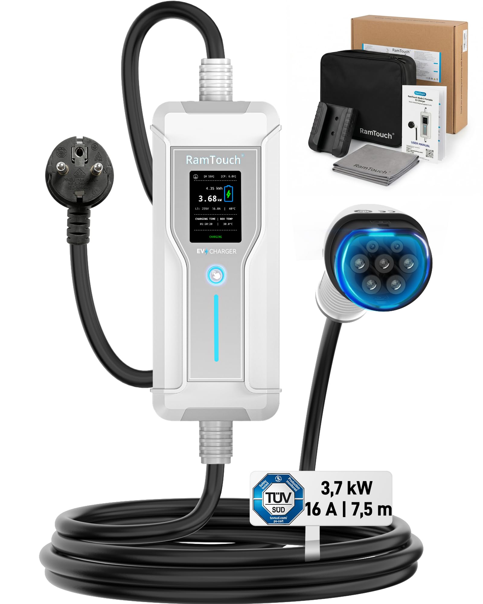 Cargador Coche Eléctrico (3,7 kW, 16 A, 7,5 m, Schuko a Tipo 2) | Monofásico | IP67 | 6–16 A | Timer + inicio diferido | LCD 2,4" | RCD CA/CC | Cable Modo 2 / wallbox móvil | para VE y PHEV