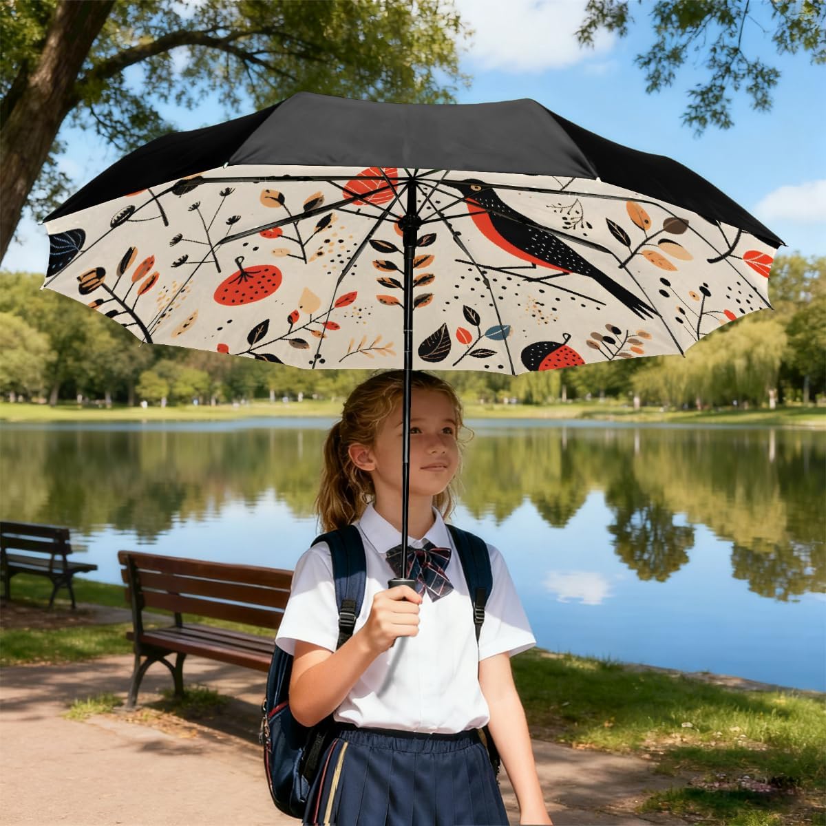 Abstract Art Bird Leaves Folding Umbrella Windproof Compact Lightweight Travel Umbrella with 8 Reinforced Ribs, Portable UV Sun & Rain Protection for Men & Women