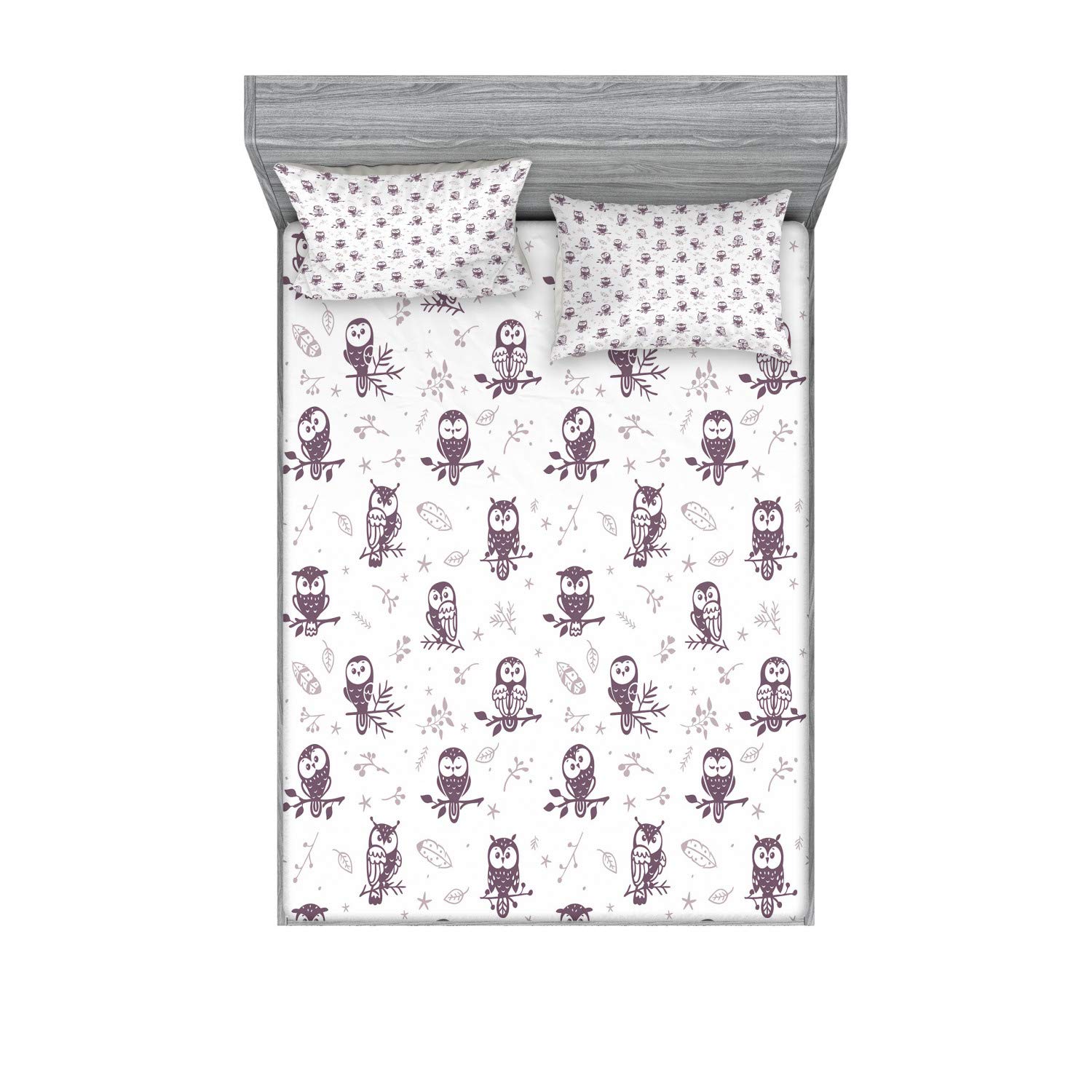 Ambesonne Owl Fitted Sheet & Pillow Sham Set, Cartoon Style Illustration of Birds on The Branches Mysterious Woods Print, Decorative Printed 3 Piece Bedding Decor Set, Calking, Eggplant White
