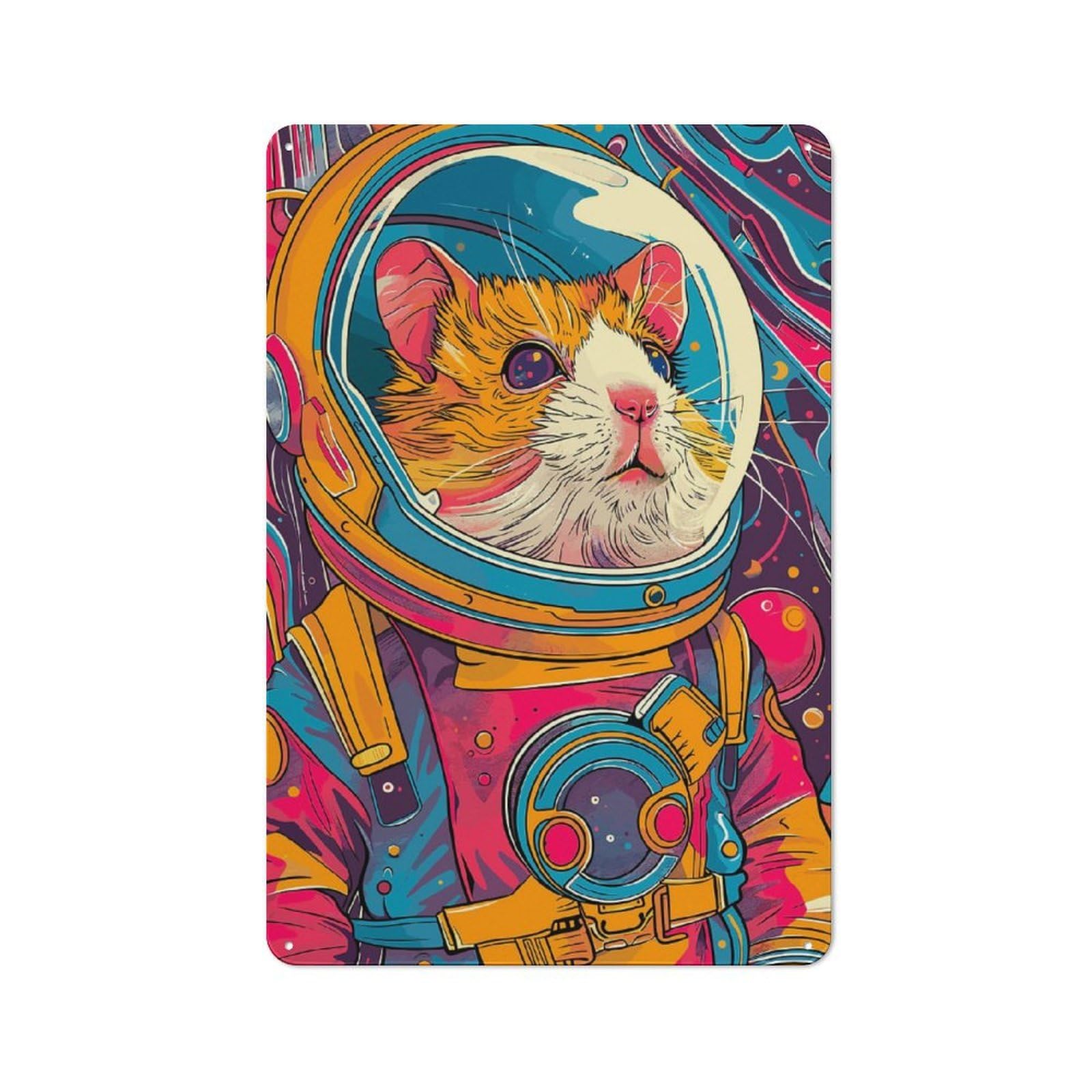 Junmoney Hamster Astronaut Space Retro Metal Wall Sign 30X20cm With For Living Room Wall, Housewarming Wall Decor For People Furnishing Living Room