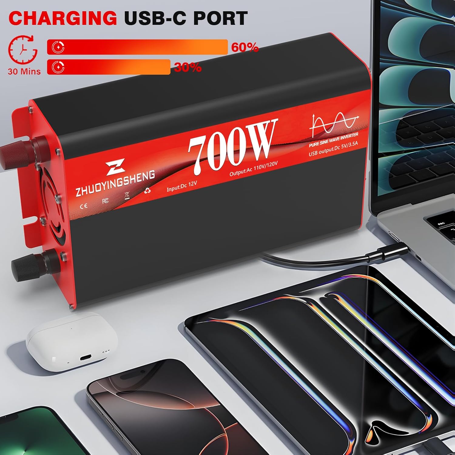 700W Pure Sine Wave Inverter 12V DC to 120V AC – 1400W Peak, Power Inverter with 2 AC Outlets + Dual 3.4A USB Ports, Display, Auto Recovery & 6 Protections for RV, Truck, Camping, Home Backup