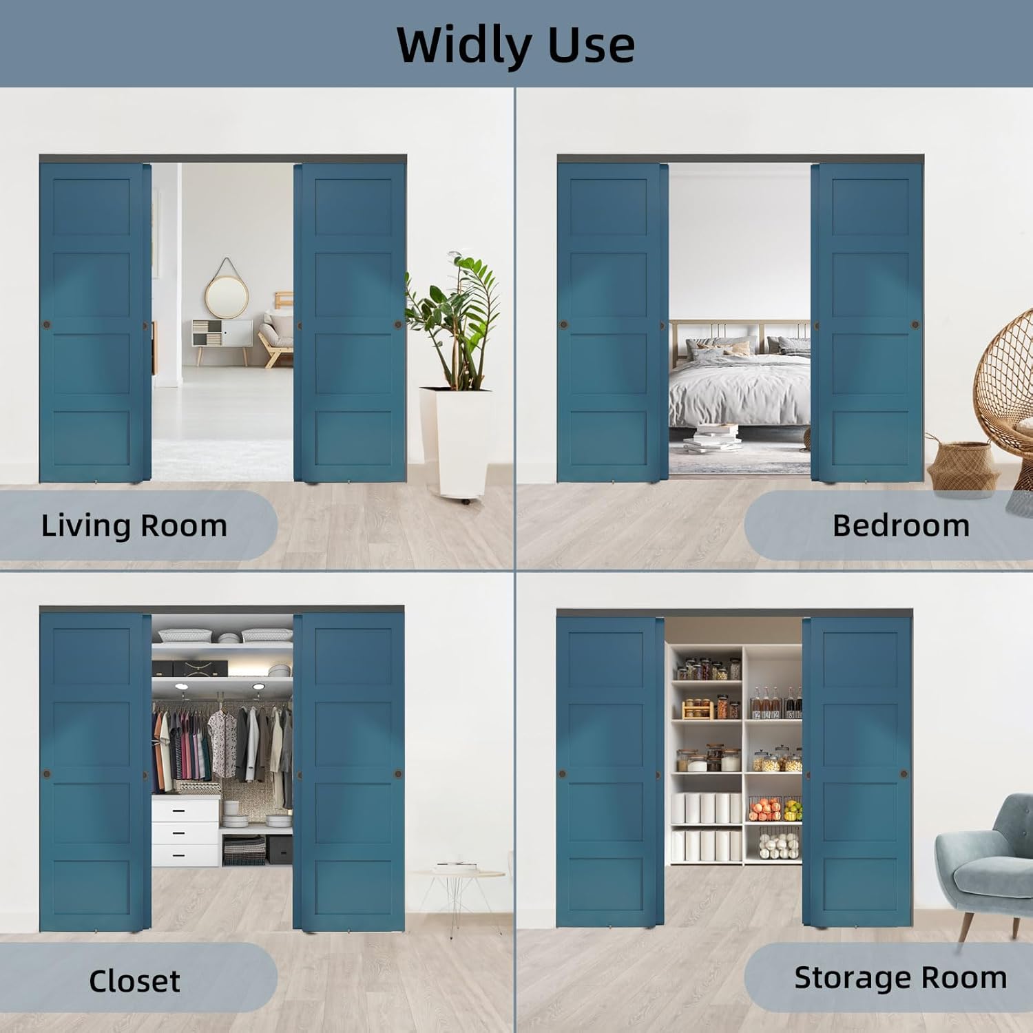 Four images demonstrating various applications of the bypass door hardware in a living room, bedroom, closet, and storage room.