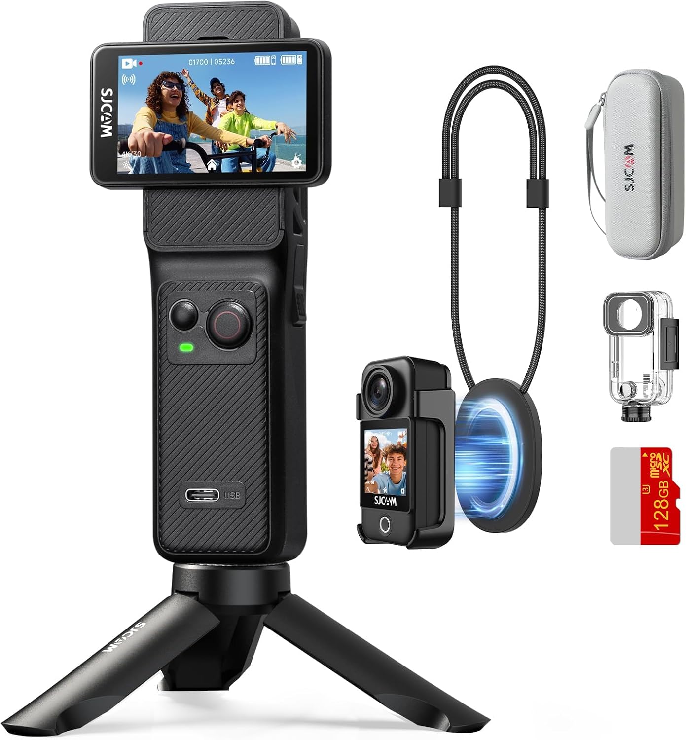 SJCAM C400 Vlogging Creators Combo, with 128GB Card, 4K Pocket Handheld Action Camera, 7H Power, 6-Axis Stabilisation, Waterproof, 2.29” Touch Screen Travel Video Camera for Recording, Camcorder