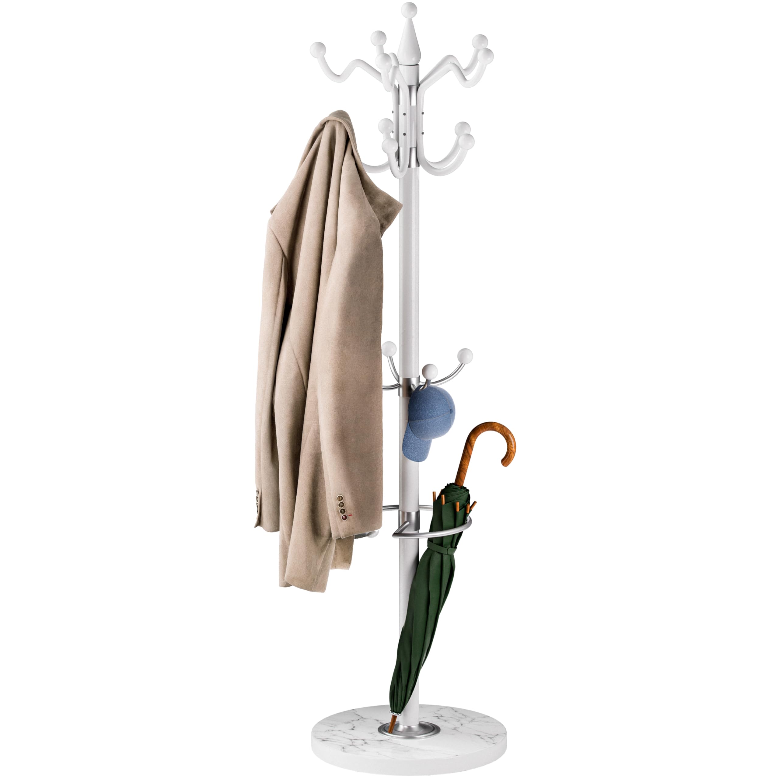 CASARIA® Elegant Curved Coat Rack Hat Stand with Marble Base Coat Stand and 14x Rotatable Coat Hangers | Sturdy & Stylish Clothes Rack for Hallways & Offices Furniture | White | 175cm Tall