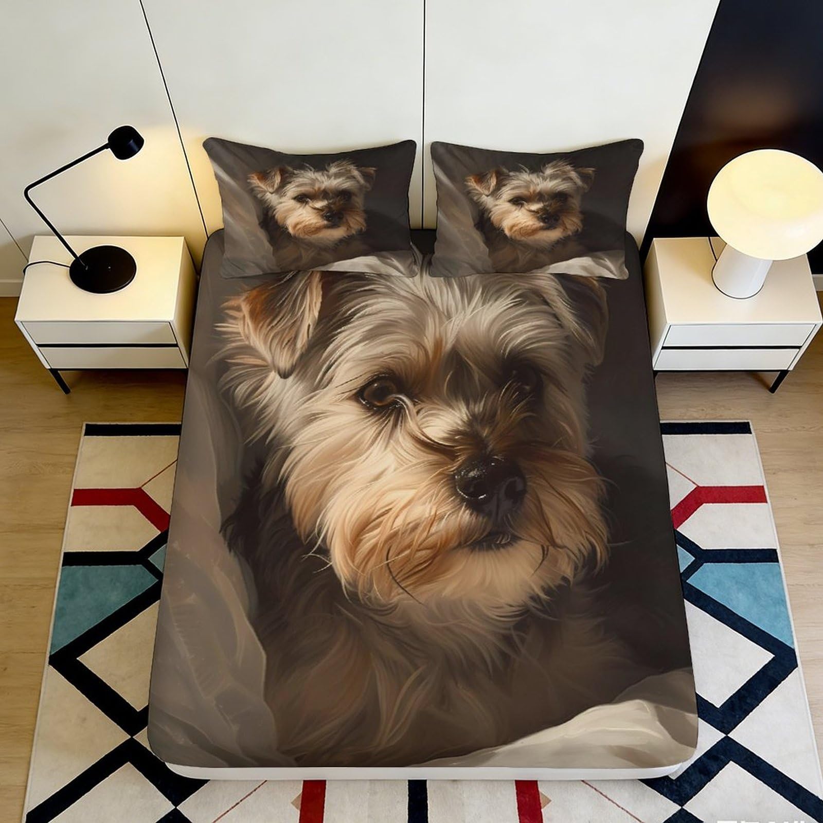 3D Printed Yorkshire Terrier Fitted Sheet Microfiber Soft Breathable Dog Face Bed Cover for Bedroom Dormitory Guest Room Mattress Protection Decor 140x200x25cm