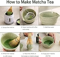 Vista 6 de Set de Té Matcha Japonés, Tazón de Matcha con Pico y Base, Batidor de Matcha con Soporte, Colador, Cuchara, Cucharón, Cepillo de Limpieza, Kit