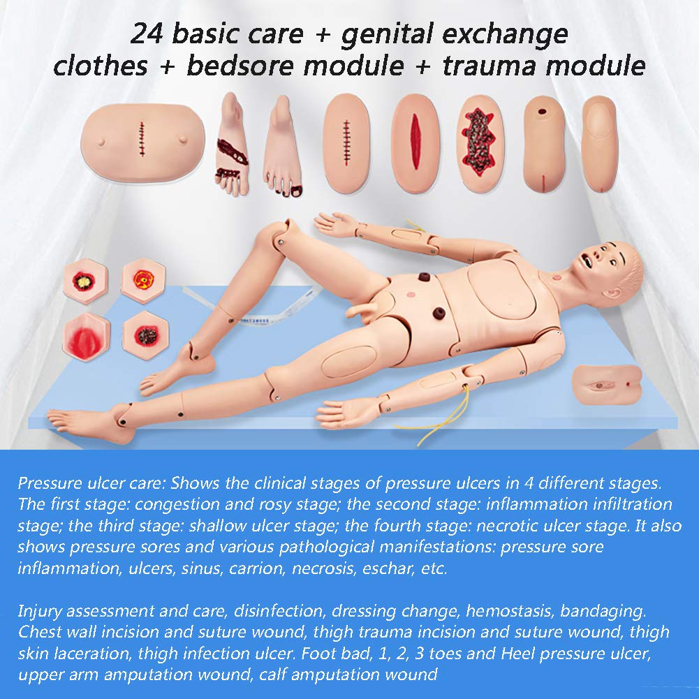 Multifunktions Pflegepuppen 170cm Männchen Erste Hilfe Krankenpflege Pflegepuppe Ausbildung Modell mit Austausch Genitalien & Kleider & Dekubitus Modul & Trauma Modul & Aufbewahrungstasche