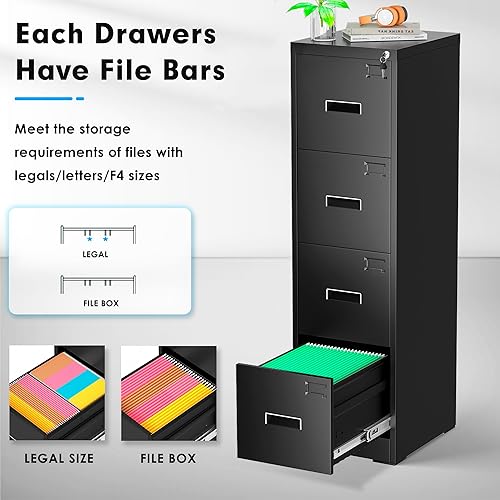 Miniatura 5 de Greenvelly Archivador negro con 4 cajones, archivador vertical de 18 pulgadas de profundidad con cerradura, archivador de bloqueo para oficina en