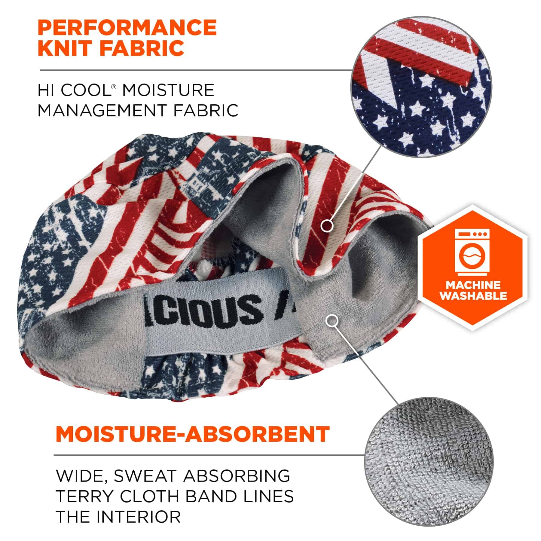 Ergodyne Chill Its 6630 Skull Cap, Lined with Terry Cloth Sweatband, Sweat Wicking, Stars and Stripes - Image 2