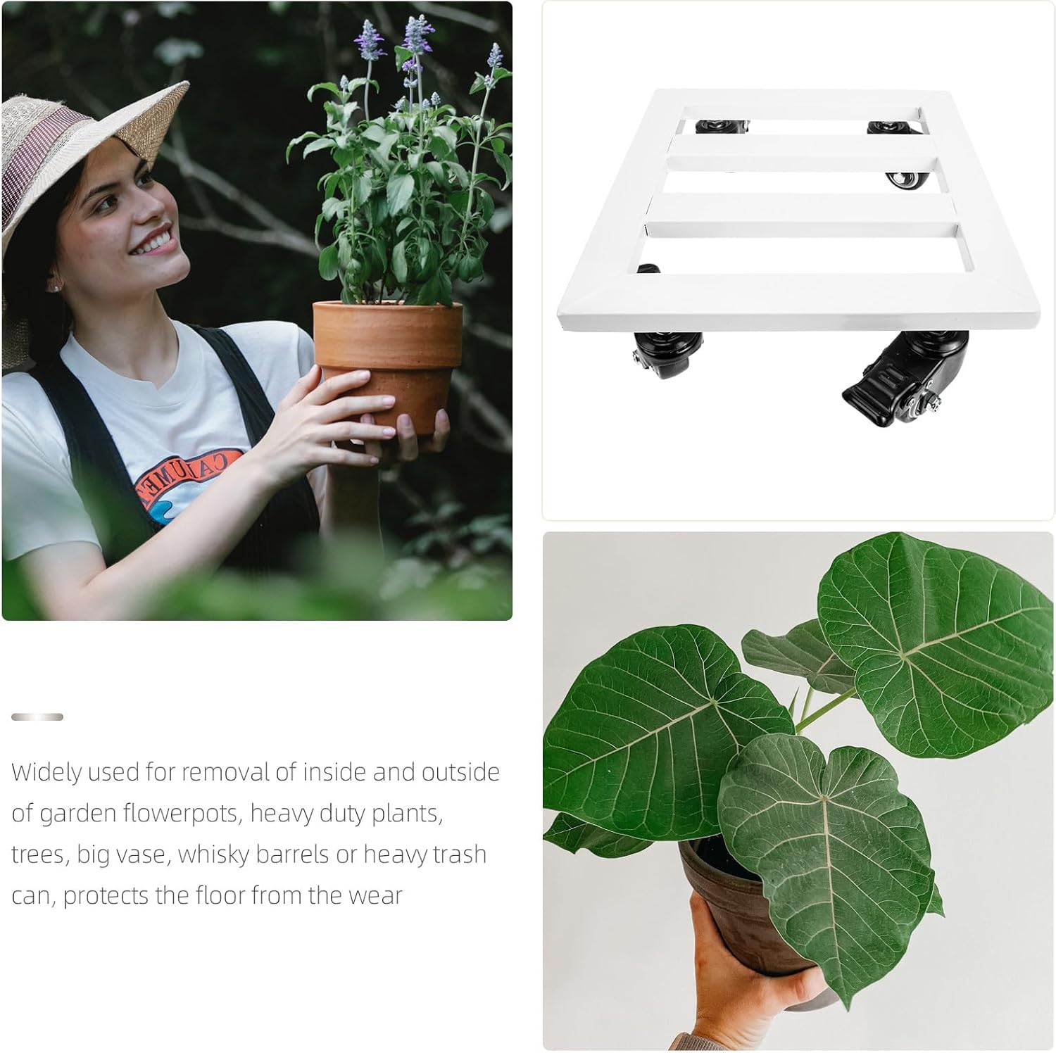 Yardwe Movable Flowerpot Tray with Swivel Wheels Thickened Iron Plant Pot Base 25x25cm White for Indoor Outdoor Garden Plant Dolly Caddy