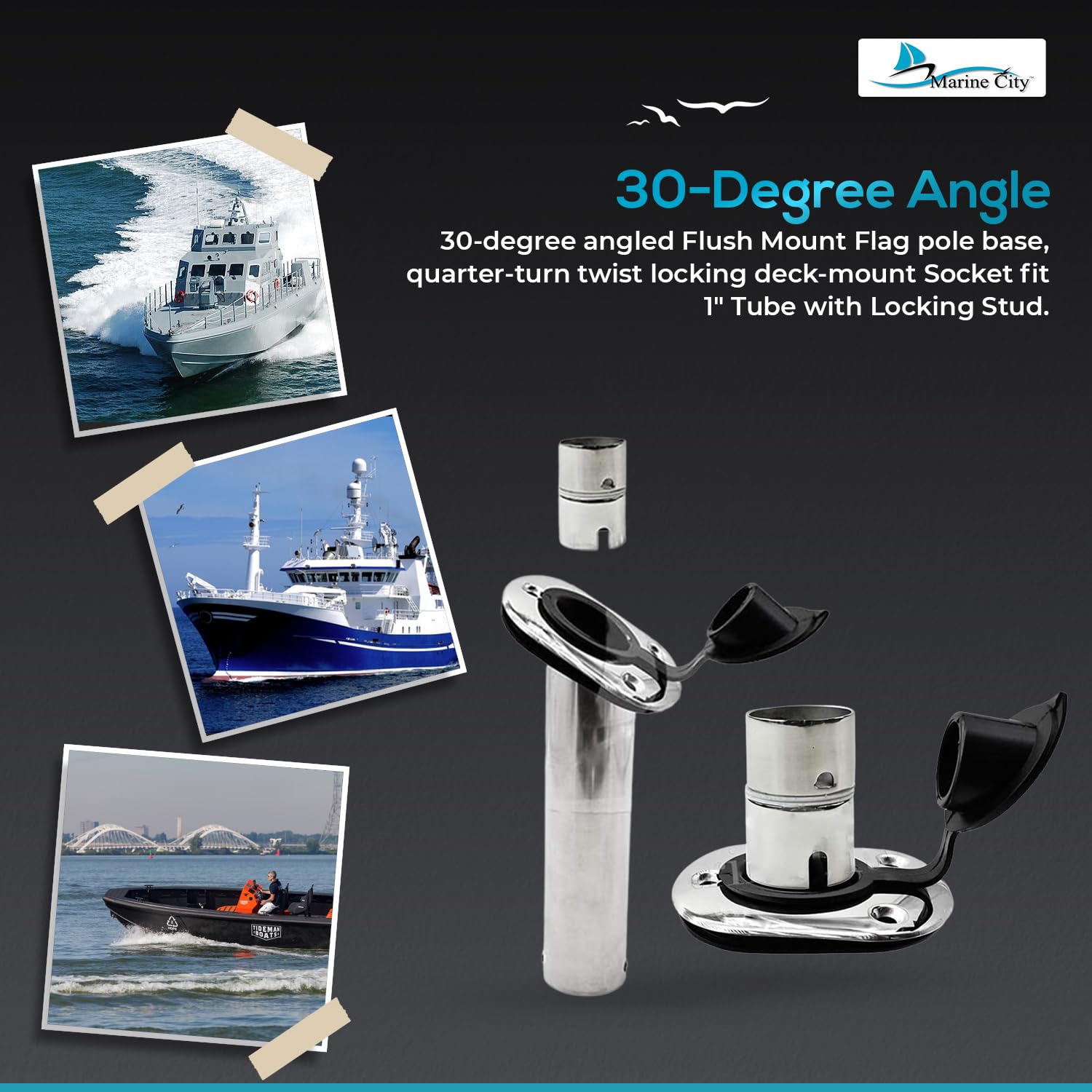 MARINE CITY 316 - Supporto girevole per canna da pesca, in acciaio inox, 4 pezzi
