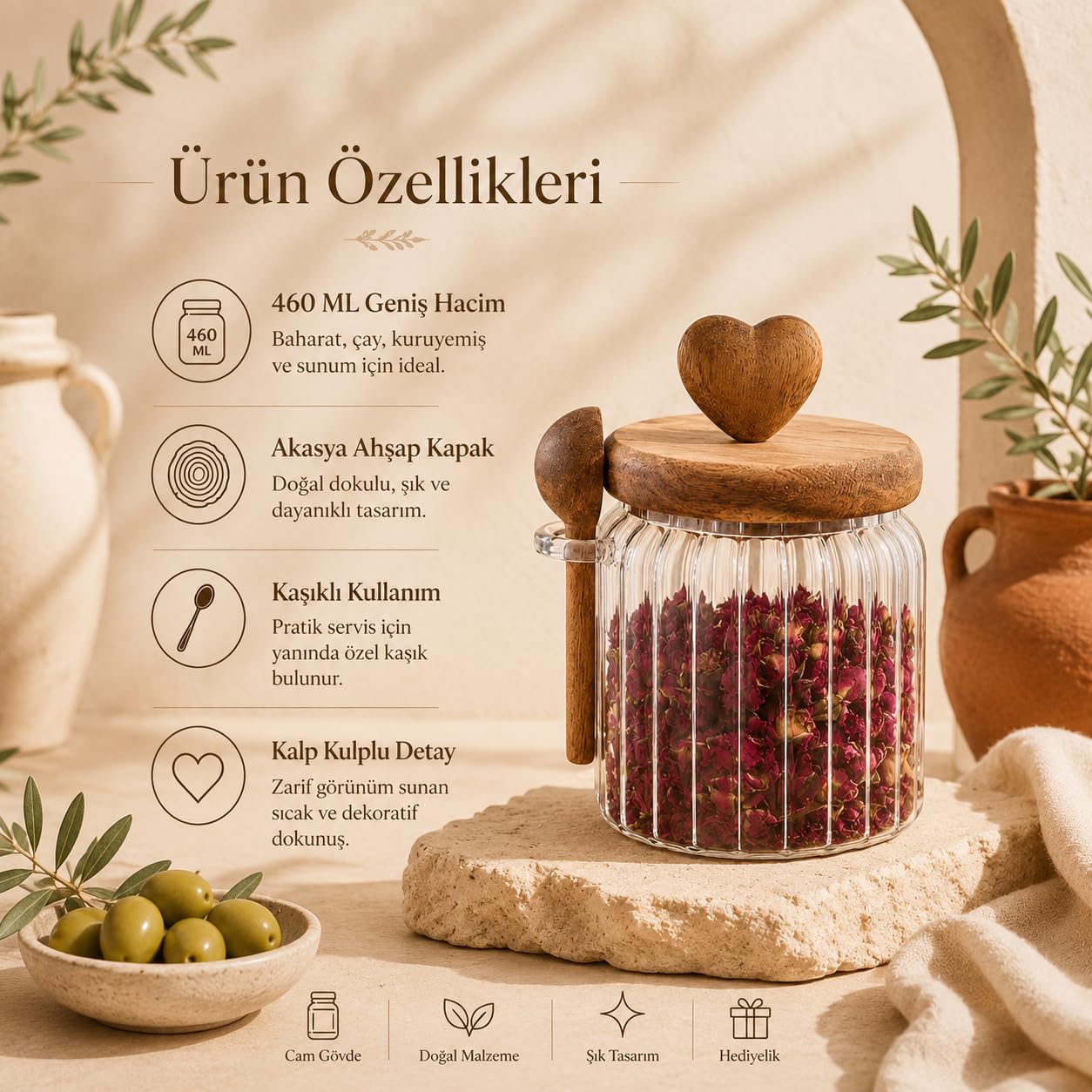 Poomy 460 ML Kalp Kulplu Kaşıklı Cam Kavanoz Akasya Ahşap Kapaklı Baharat Çay Kuruyemiş Saklama Kabı