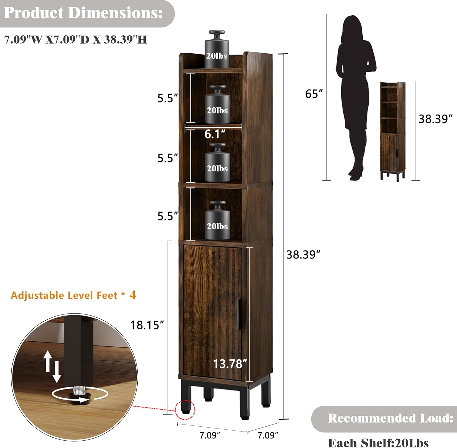Narrow Bathroom Storage Cabinet, Corner Toilet Paper Floor Cabinet 5 Tiers with Door and Shelves,Bathroom Organizer with Adjustable Shelf, for Small Spaces(Rustic Brown) - Image 2