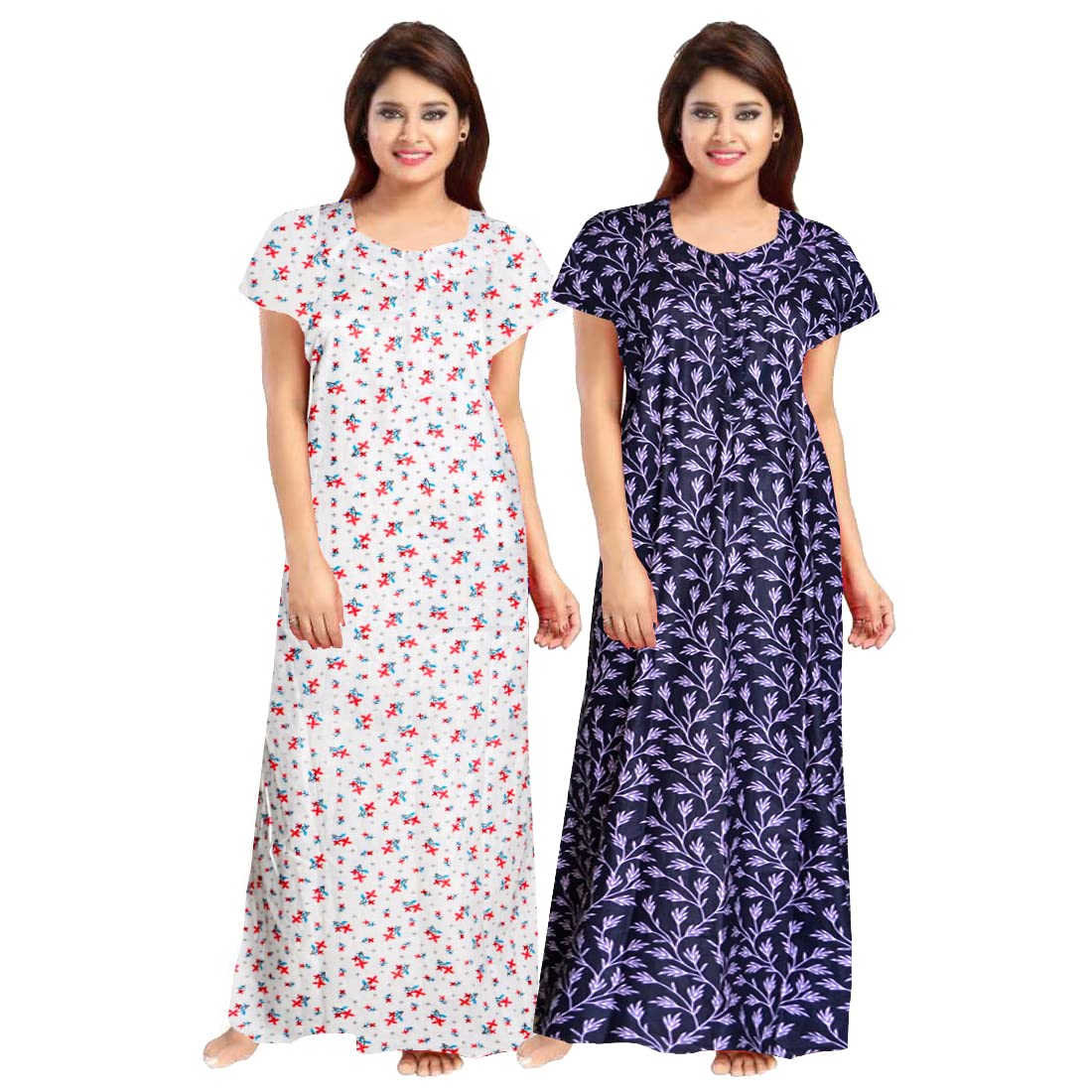 NANDINIWomen's Cotton Block Print Maxi Night Gown (ComboNT7607 XXL Pink, Blue_Pink, Blue_2XL)