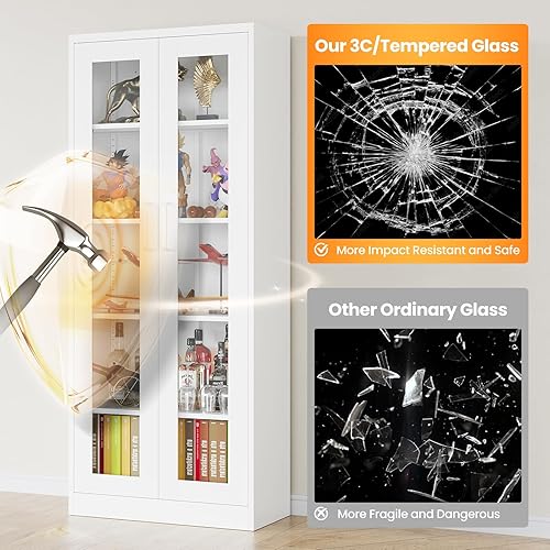 Miniatura 46 de Vitrina con cerradura con puerta de cristal, gabinetes Curio de metal de 71 pulgadas de alto con estantes ajustables, vitrina de licor blanco para