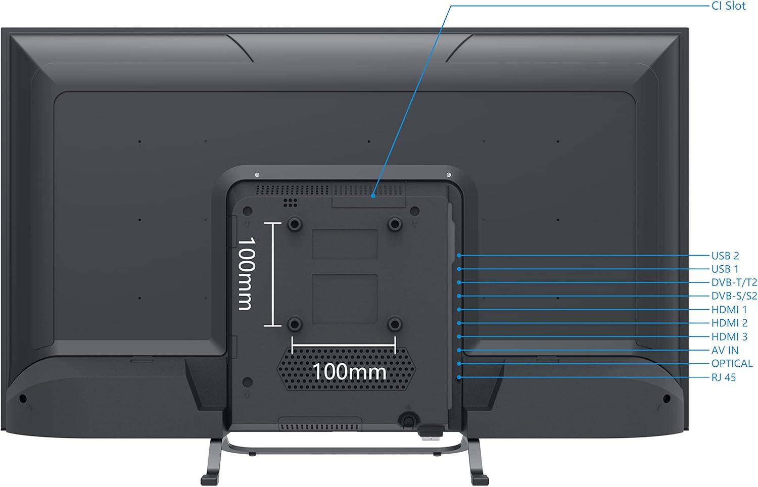 Rear view of Smart Tech 32HA20V3 TV showing VESA mounting points and various input ports.
