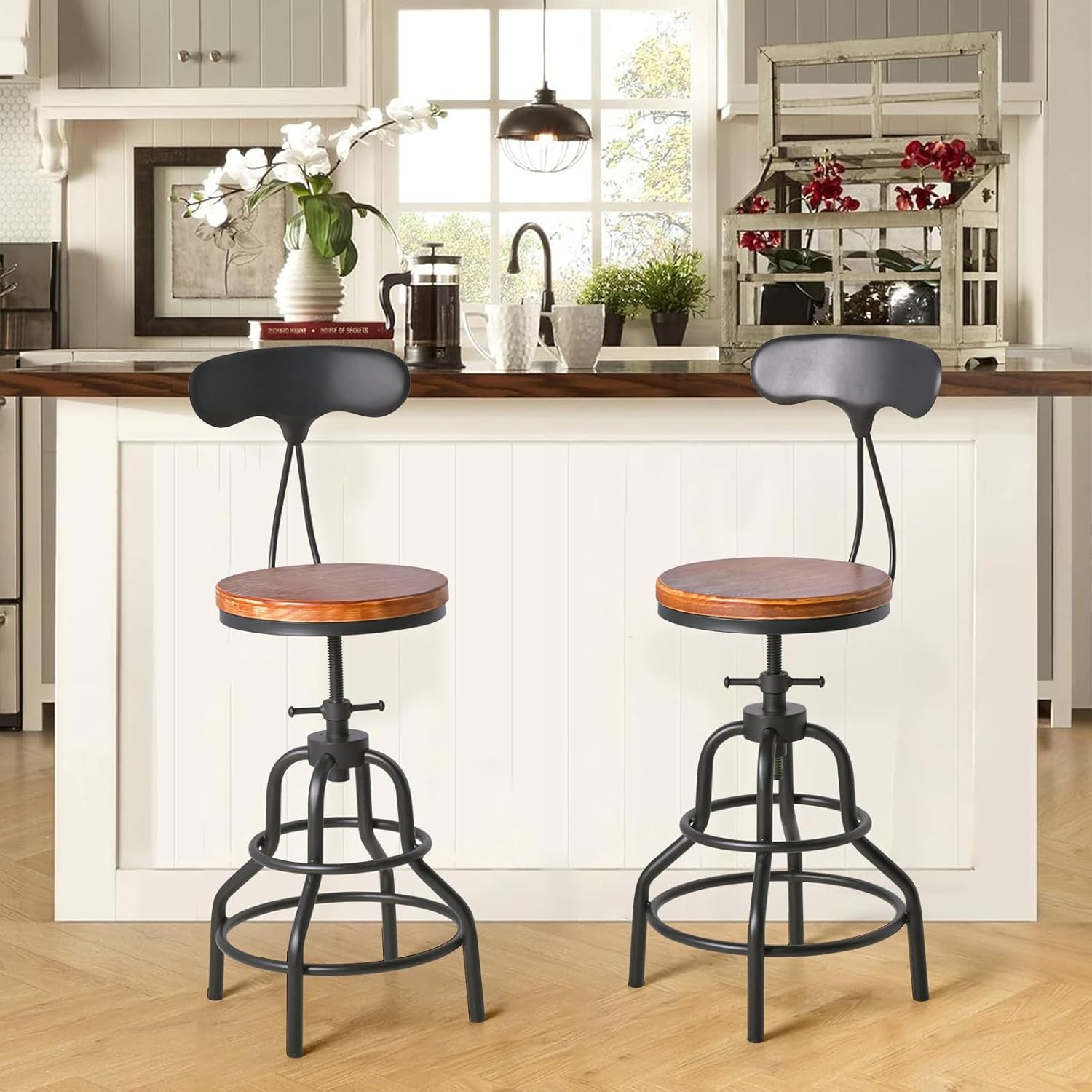 LOKKHAN Adjustable Swivel Kitchen Counter Stools with Back-20.47"-25.59" Tall Rustic Farmhouse Industrial Bar Stools Set of 2 Breakfast Dining Cafe Stool,Welded Metal Base Wooden Seat, Black&Brown