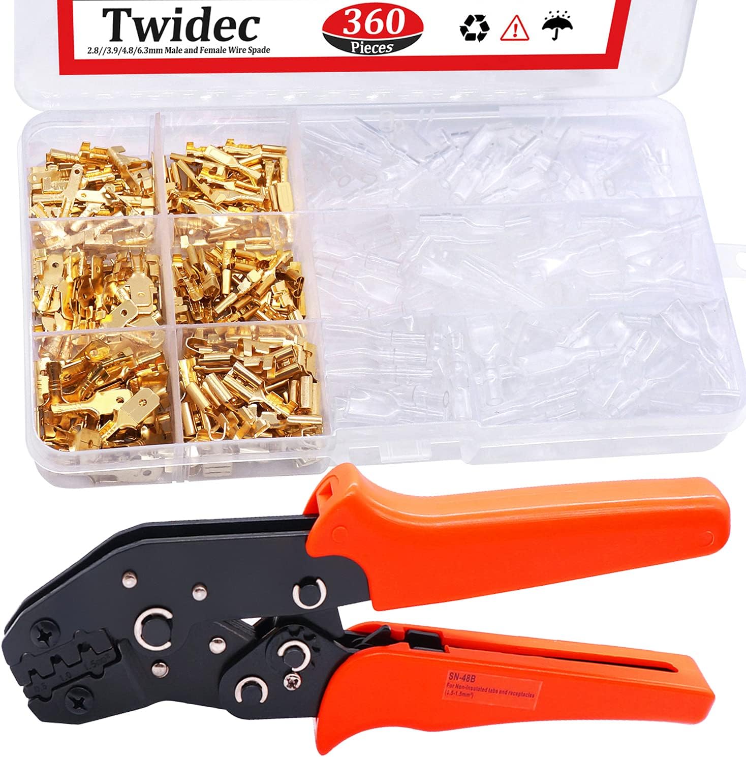 Twidec/360Pcs Assortment Quick Golden Splice Male and Female Wire Spade 2.8/4.8/6.3mm Connector Crimp Terminal Block with Insulating Sleeve + Wire Crimping Pliers Crimping Tools SN-48B