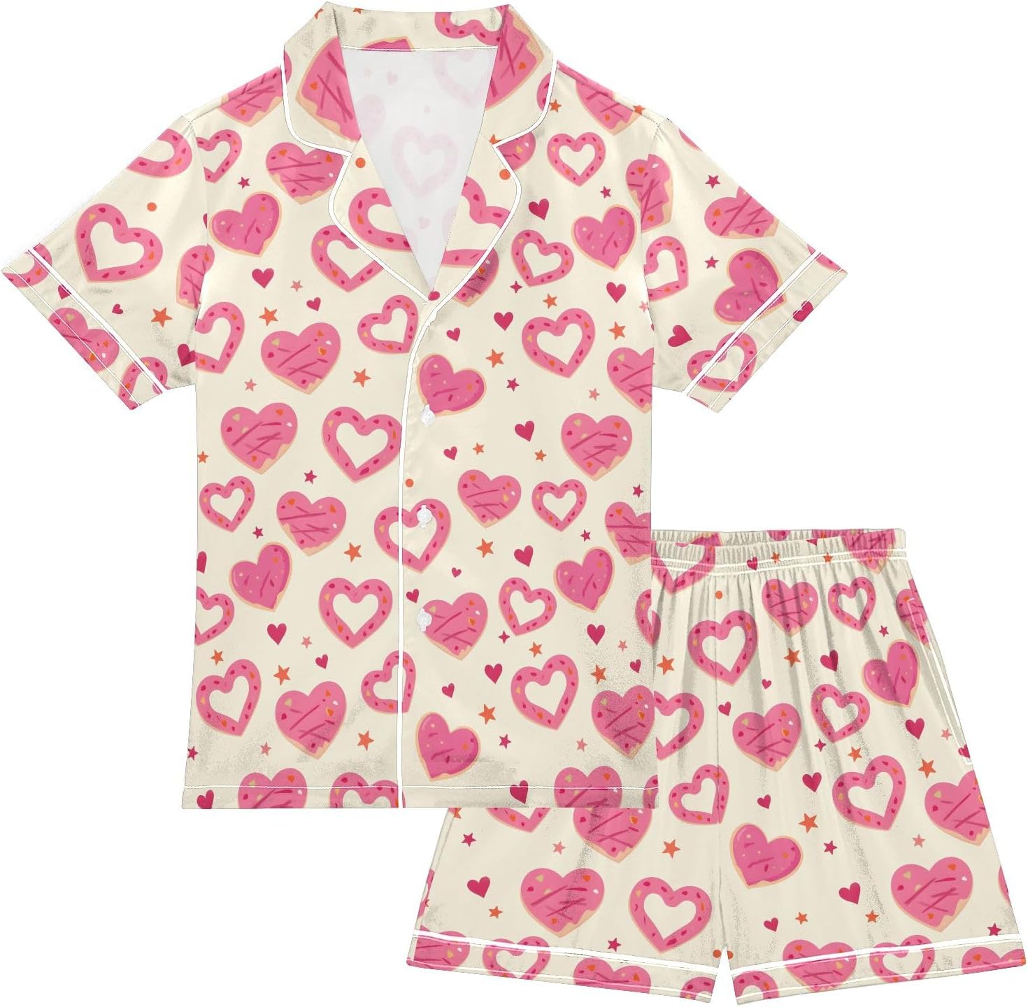 Kids Satin Wear Set Pink Heart Donut Pattern Relaxing Clothing Short Sleeve and Shorts