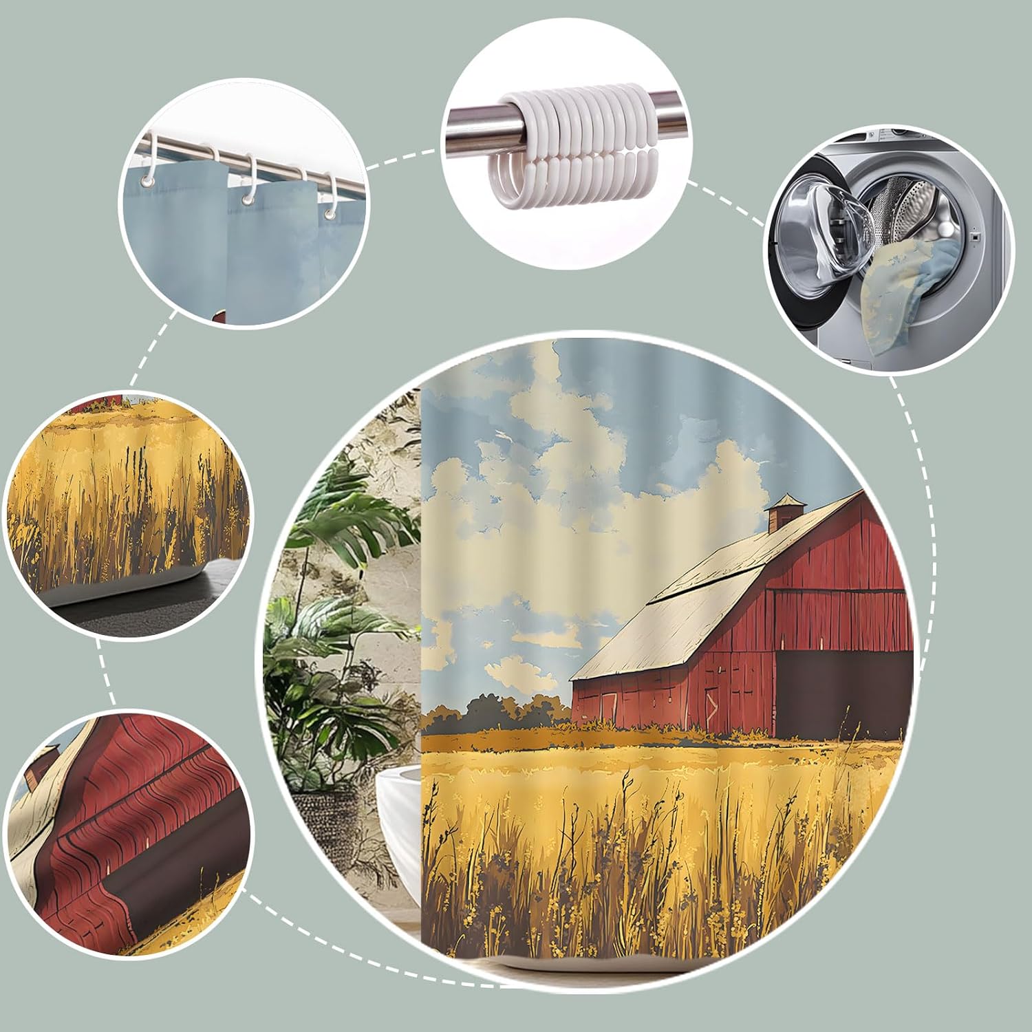 Vintage Rustic Barn Shower Curtain Country Retro Airplane Abstract Classic Aircraft Farmhouse Western Watercolor Nature Scenery Bath Curtain Fabric Bathroom Accessories Decor with Hooks 70W x90L
