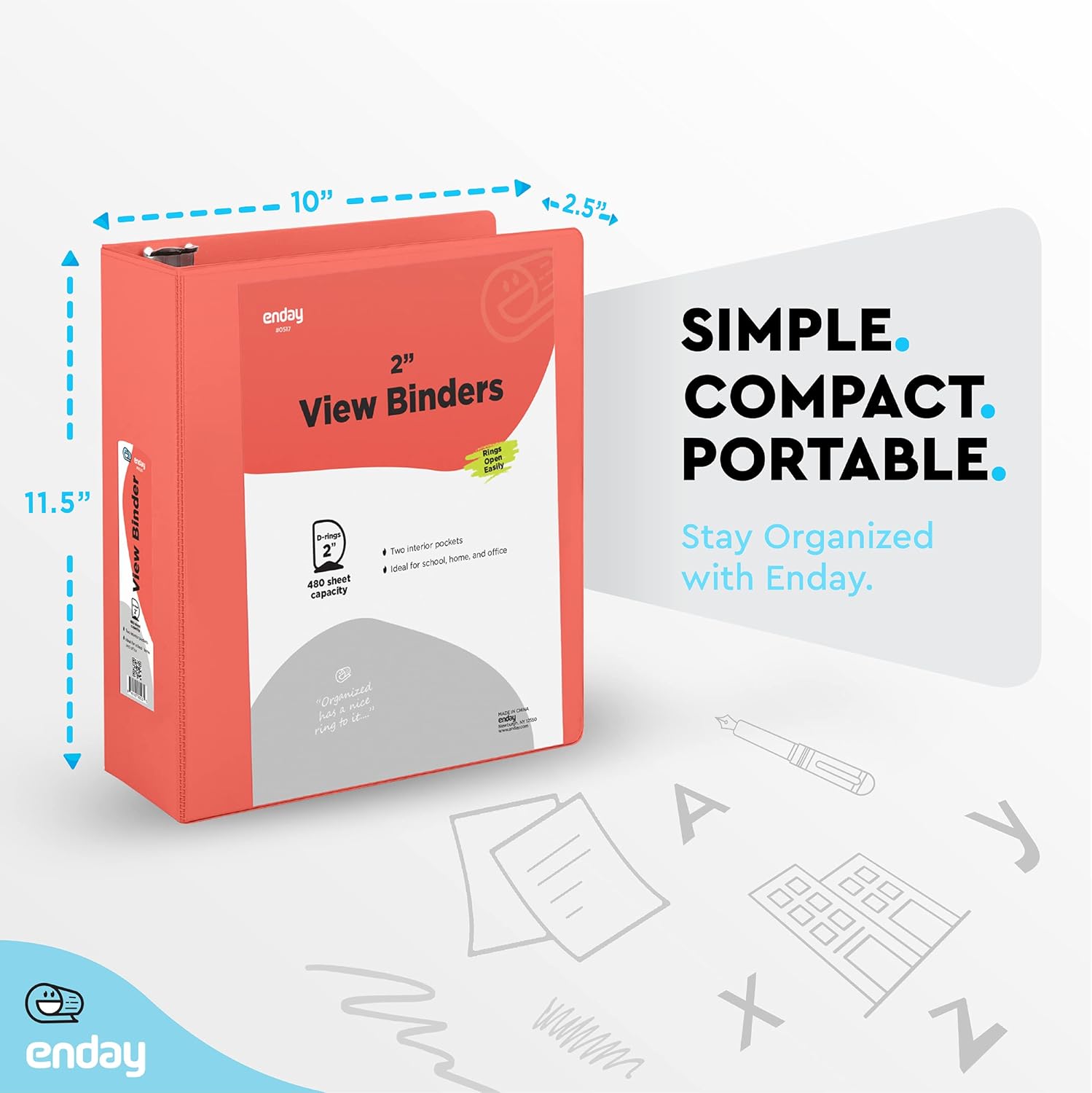 3 Slant D-Ring Binder 2 Inch Binder Red, 2 in Clear View Cover w/ 2 Inside Pockets Binder, Heavy Duty Colored School Supplies Binders Also available in Blue, Pink, Grey, Green, Purple (1 PC) –by Enday : Office Products