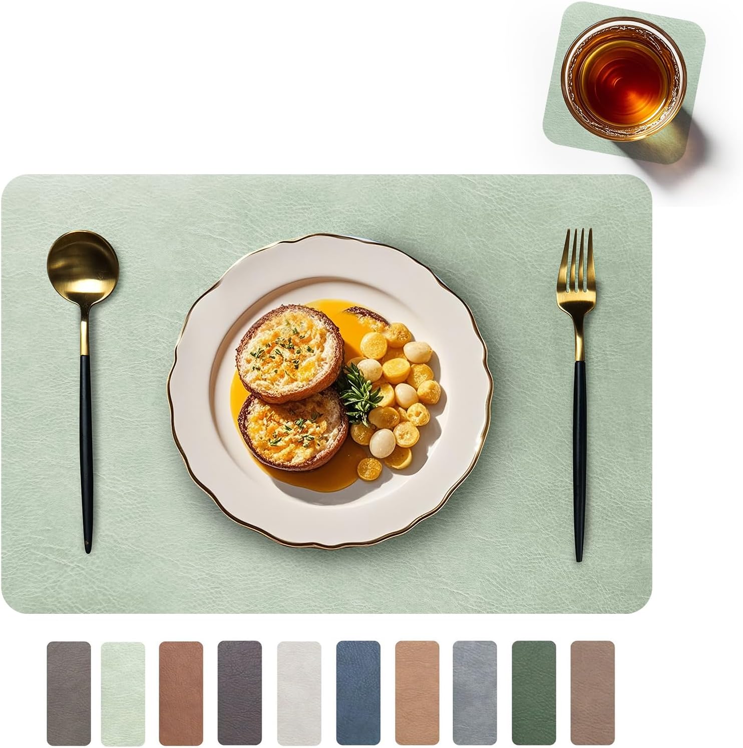 RENMTURE Faux Leather Placemats Set of 4,with 4 Cup mat,Washable, for Kitchen Dining Table,Restaurant,Coffee Shop (Mint Green/Ivory White, Rectangle)