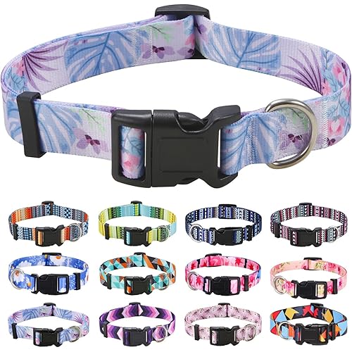 Mihqy Dog Collar with Bohemia Floral Tribal Geometric Patterns - Soft Ethnic Style Collar Adjustable for Small Medium Large Dogs (Purple Flower, L