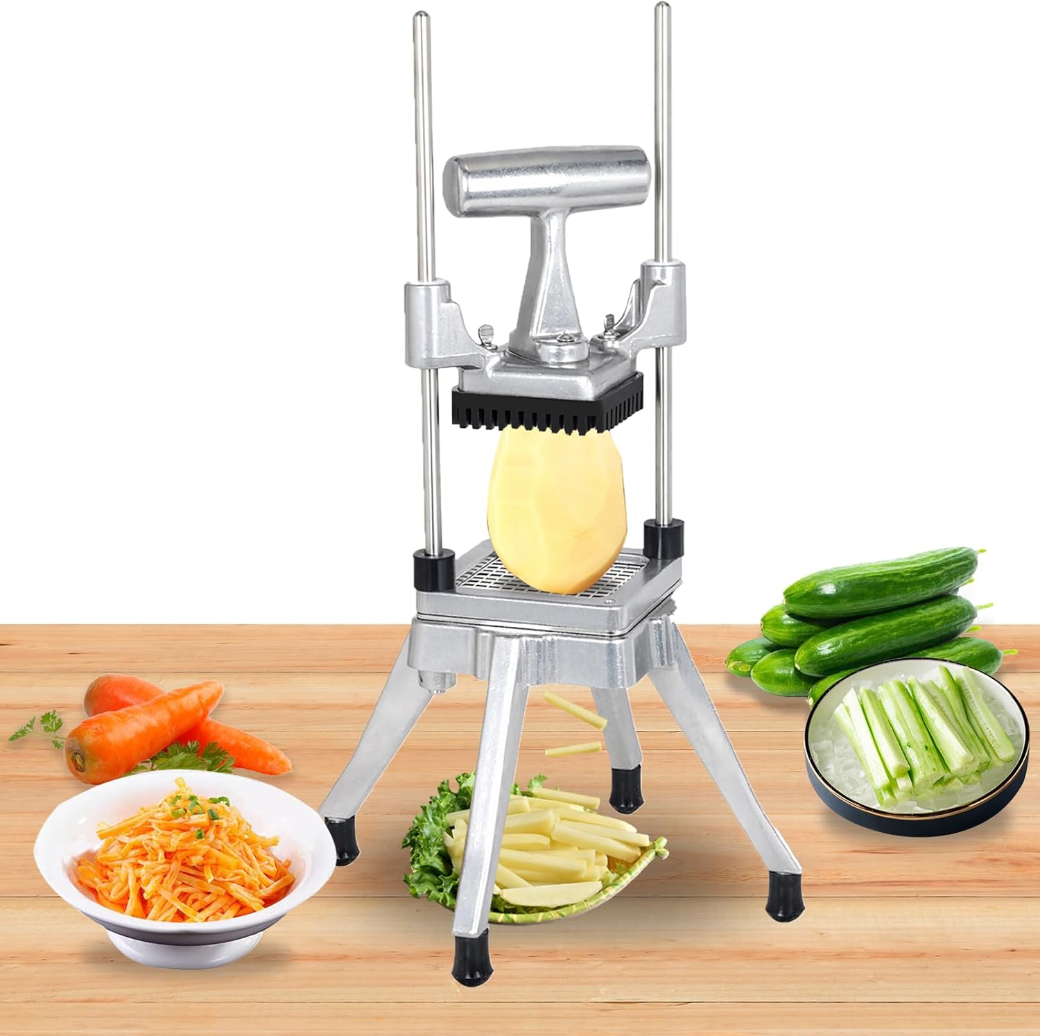 CLIVIA Commercial Vegetable Chopper, Stainless Steel French Fry Cutter, Potato Dicer, Fruit Slicer with 3 Blades 3/8" 1/4" 1/2", for Restaurants & Home