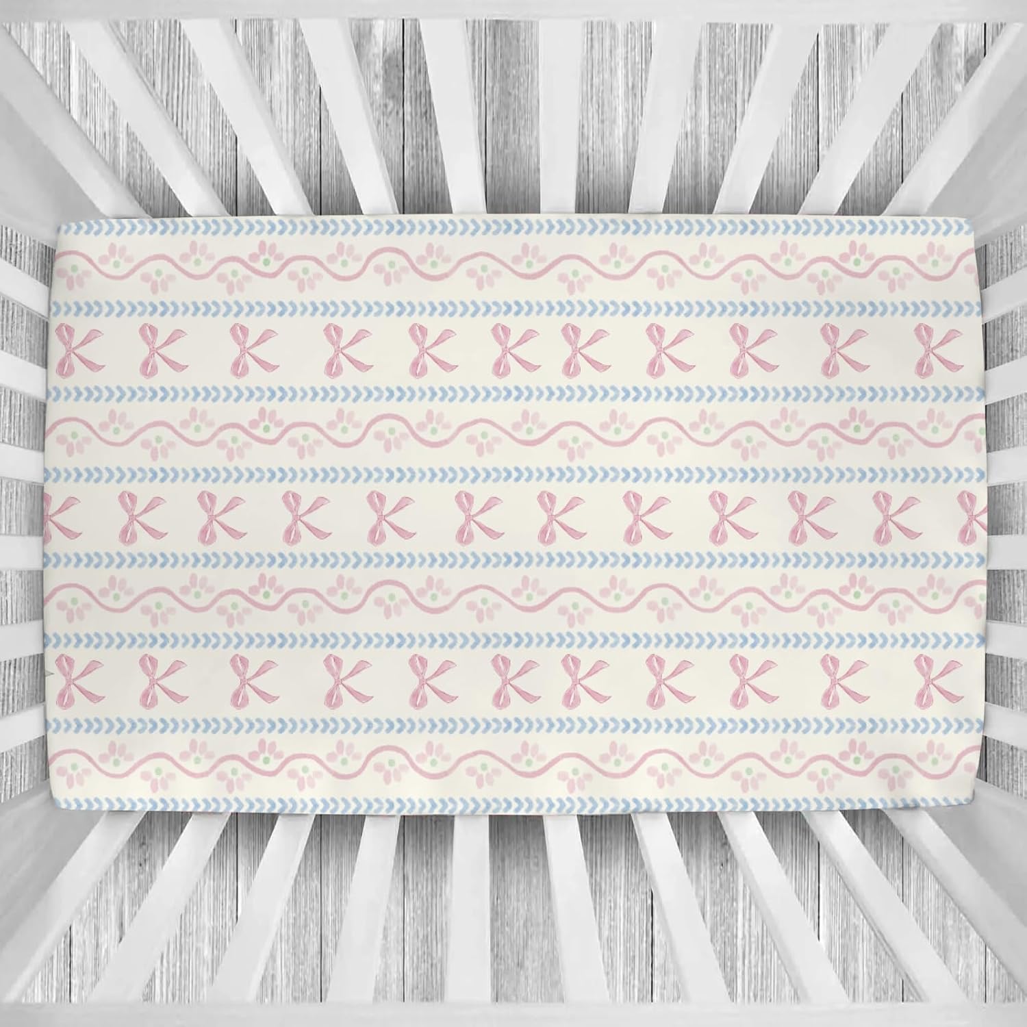 Pink Bows Boho Floral Baby Boys Girls Crib Sheets Cute Bows Flowers Striped Baby Sheet Pastel Girly Ribbons Fitted Crib Mattress Cover for Standard Crib Toddler Mattress 28"x52"