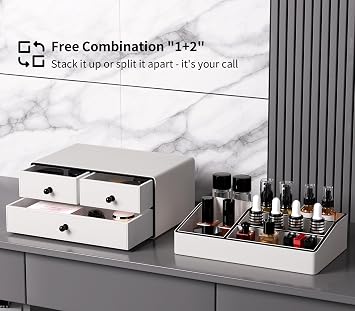GORESE Leather Makeup Organizer with Drawers for Vanity, Stackable Skincare Holder Dresser Organizer Countertop, Make Up Storage Organizers Counter Cosmetic Display Case Gifts for Women(Cream White)