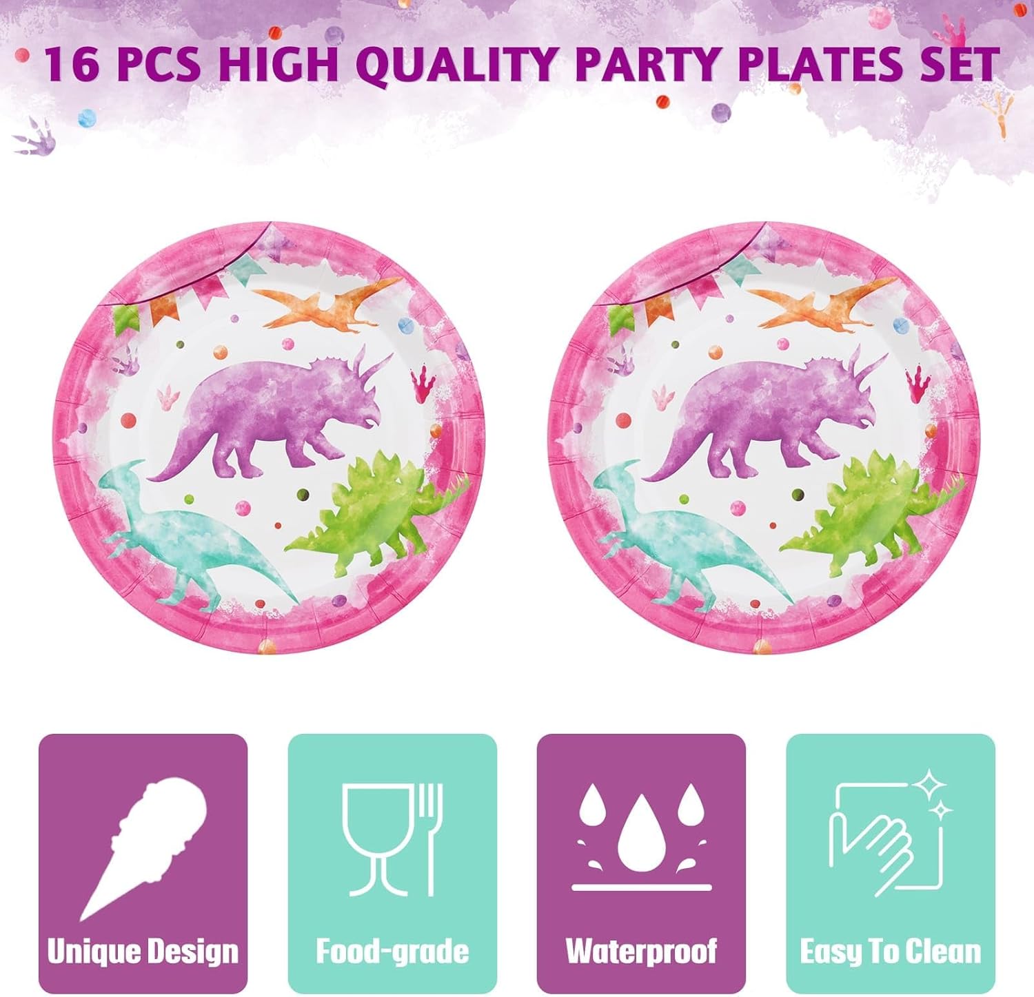 WERNNSAI Girl Dinosaur Party Decorations - 33 PCS Dino Plates Napkins Tablecloth Pink Dinosaur Birthday Decorations Three Rex Table Decorations for Kids Girls Birthday Baby Shower Serves 16 Guests
