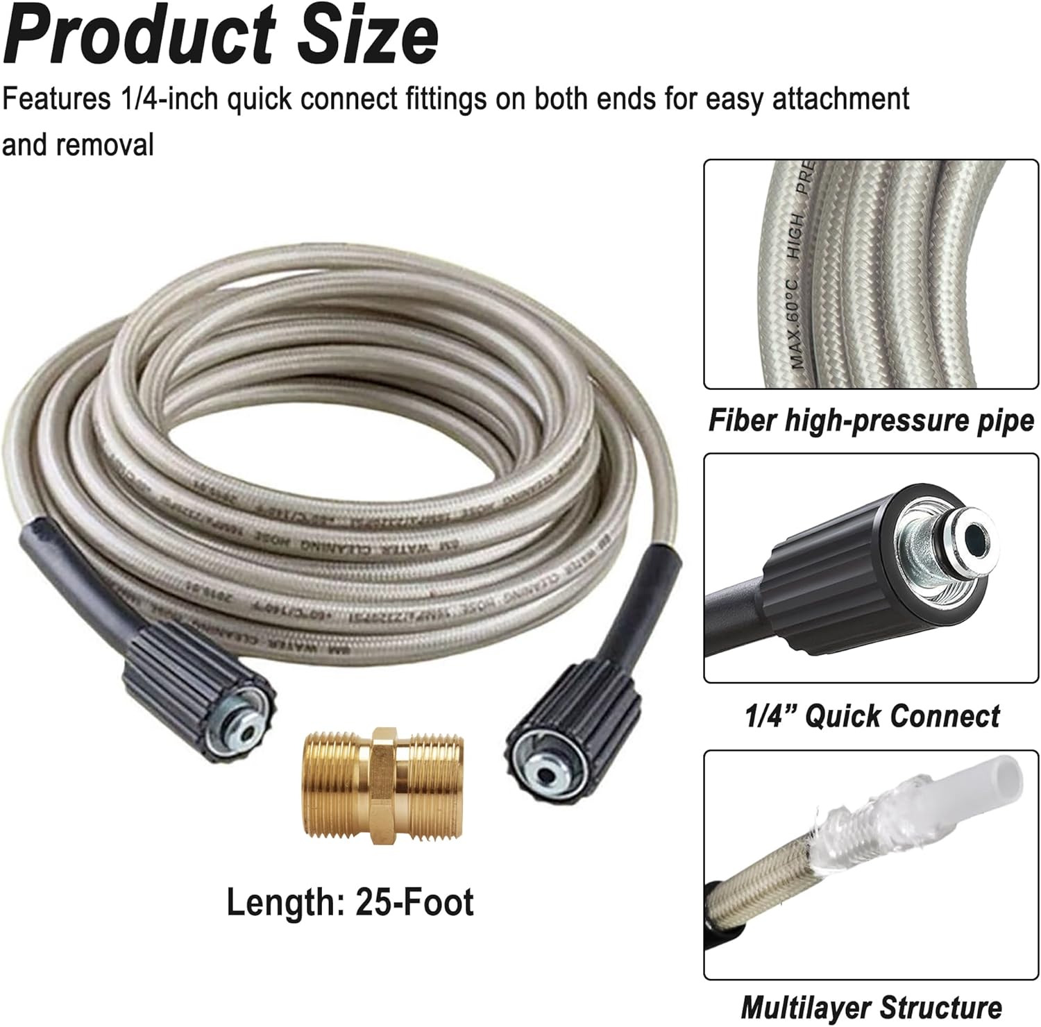25-Foot Pressure Washer High Pressure Hose, Replacement for Greenworks 5200402, Compatible with all Greenworks Pressure Washers under 2000 PSI, 1/4-Inch Quick Connect