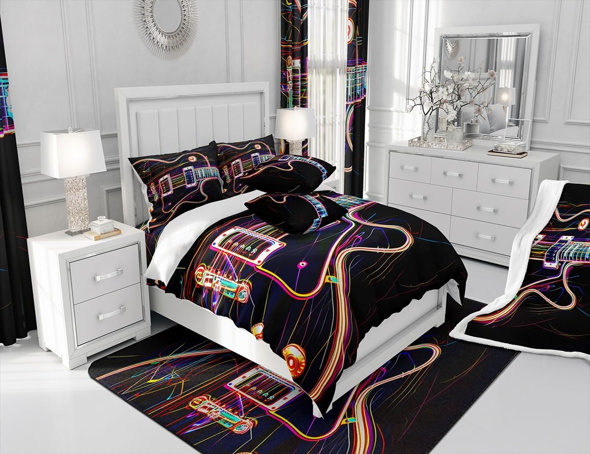 Manfei Coperta per letto per bambini, a tema musica rock, per ragazzi e ragazze, decorazione per la stanza, strumento musicale, hip-hop, coperta in pile morbida e traspirante (228 x 228 cm)