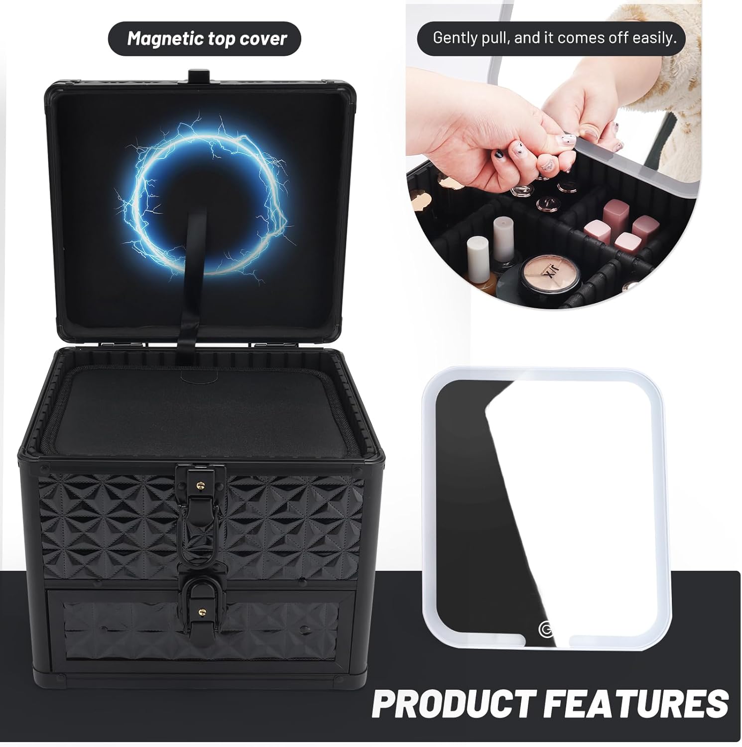 Makeup Case with Drawer, Travel Makeup Train Case with Magnetic LED Mirror, Cosmetic Organizer with Adjustable Divider - Sparkling Black