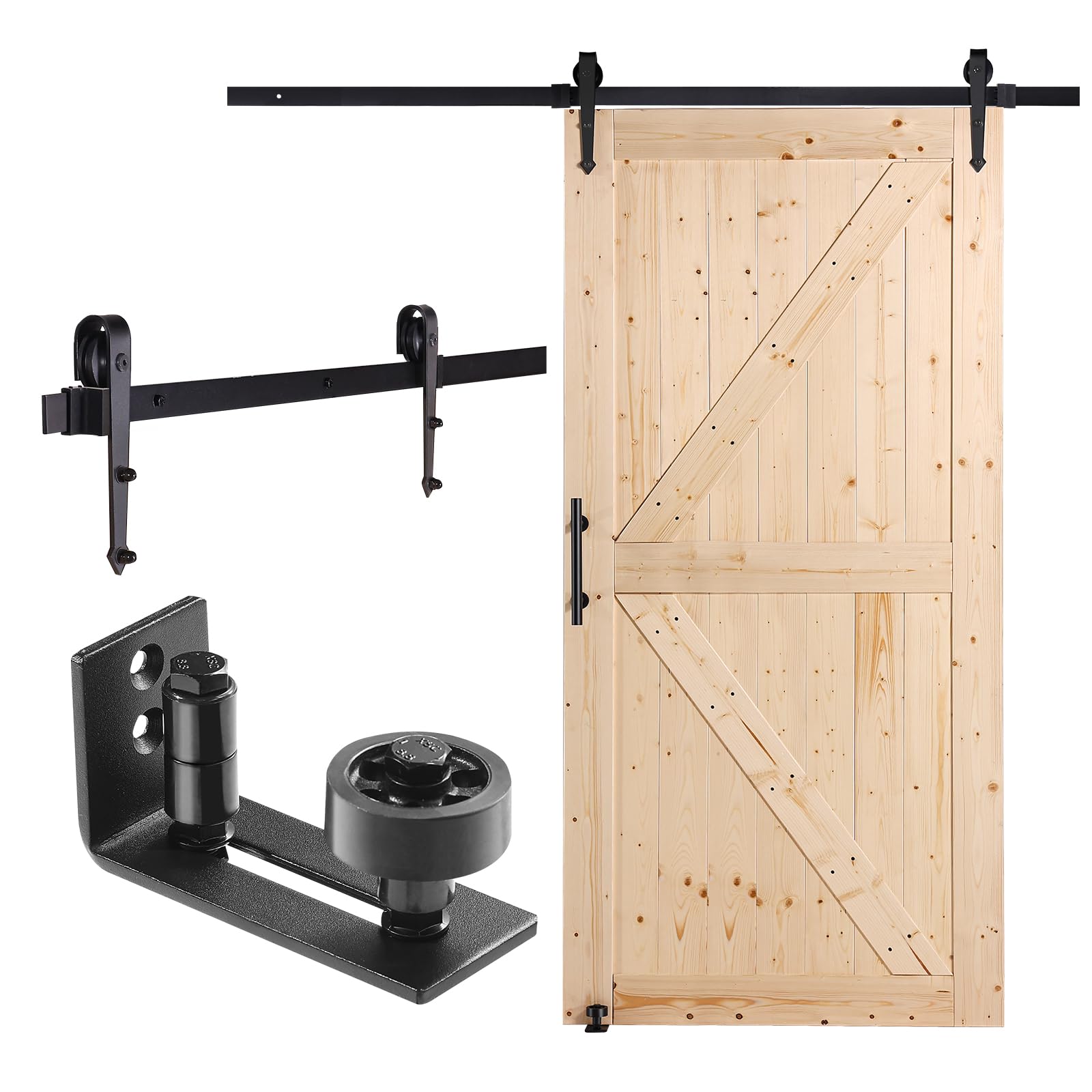 VEVOR Kit de Herrajes y Puerta de Granero Puerta Corrediza de Madera de 1066,8 x 2133,6 mm Kit de Puerta de Granero con Guía de Piso 8 en 1 y Manija de Puerta Losa con Paneles de Madera de Abeto
