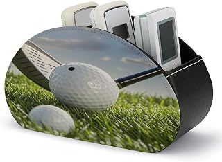 Golf Ball Remote Control Holder with 5 Compartments | PU Leather Caddy Storage Box, Multi-functional Office Desktop Organizer for Controller, Media Player, Makeup Brush, Glasses