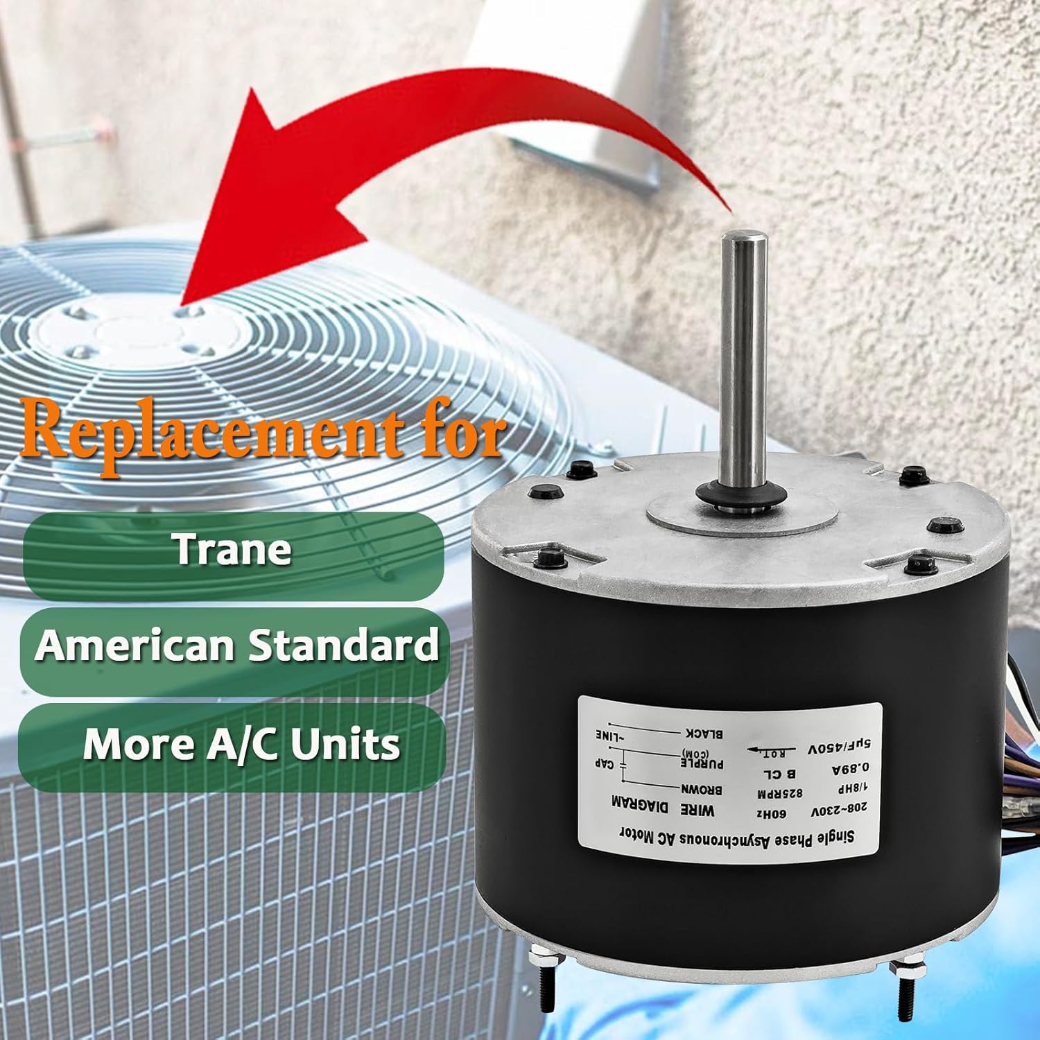 MOT18688 1/8 HP Condenser Fan Motor with Capacitor 208-230V 60Hz 825 RPM Compatible with Trane American Standard Air Conditioner Motor Replace# MOT12215 MOT12004 MOT10514