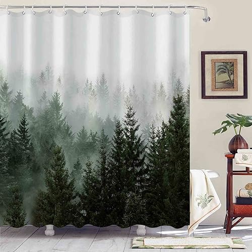 Miniatura 2 de Cortina de ducha verde con diseño de bosque brumoso, juego de cortinas de ducha impermeables de tela verde oscuro para decoración de baño con 12