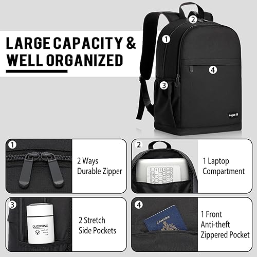 Miniatura 3 de AUGUST 18 Mochila básica clásica ligera para viajes, mochilas casuales con correas de hombro transpirables, 20L, Negro -, Mochilas Daypack
