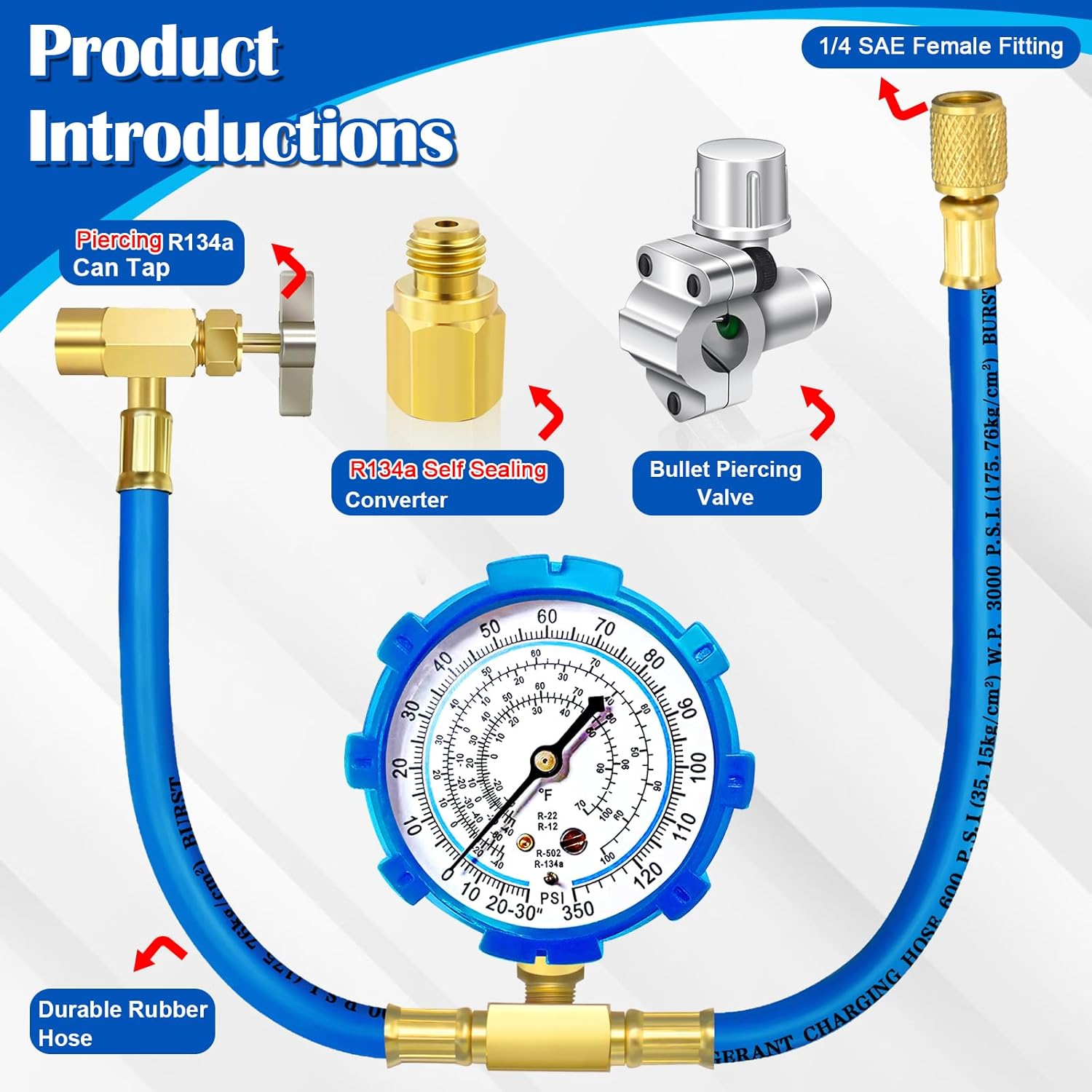 Refrigerator Freon Recharge Hose Kit-R134a R12 R22 Fridge Recharge Tool Kit with 2 BPV31 Bullet Piercing Tap Valves,1 R134a Self-Sealing Adapter, for Refrigerator Refrigerant Refilling (White-Style 1)